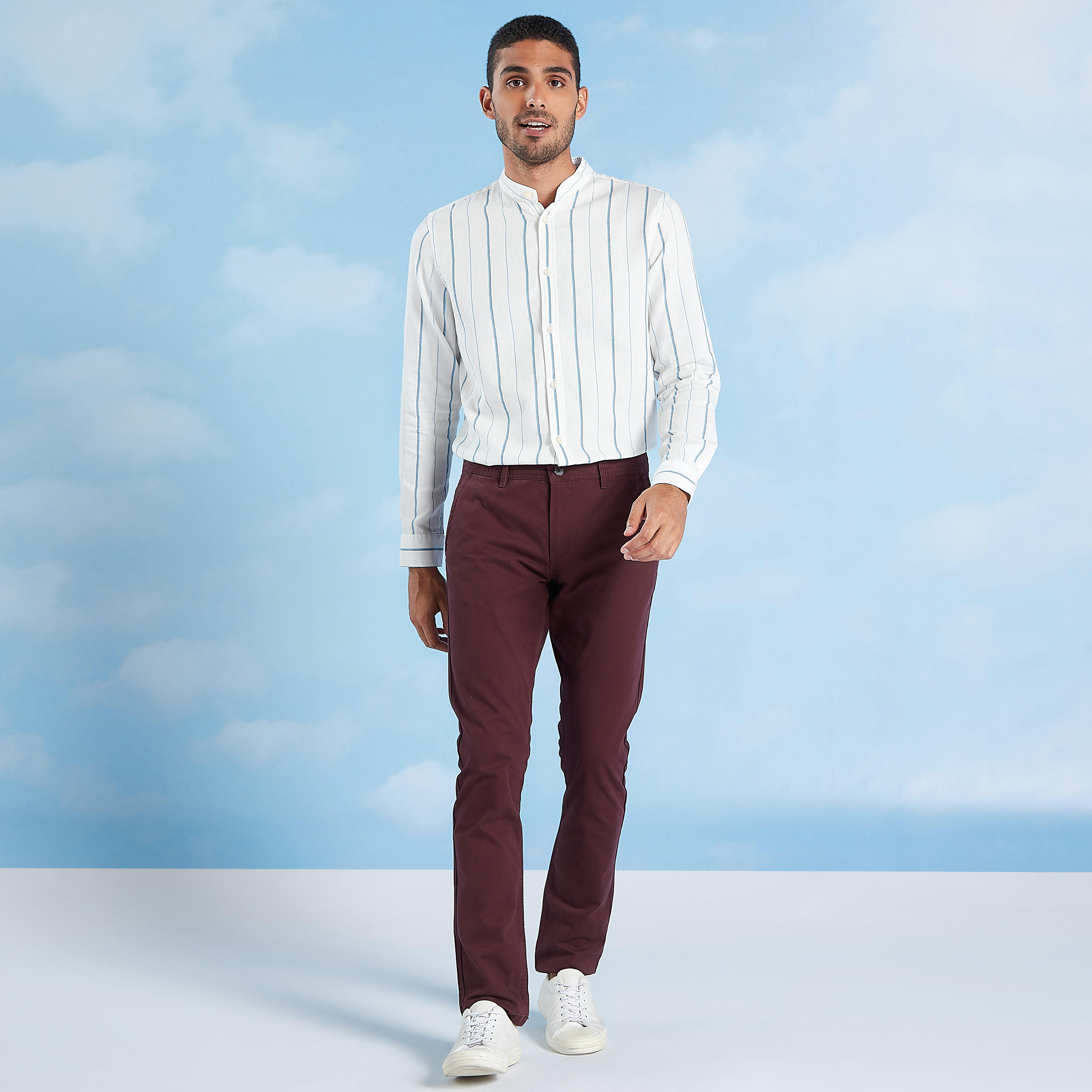 قميص مخطط سليم بياقة ماندارين وأكمام طويلة-men-clothing-shirts-image-2