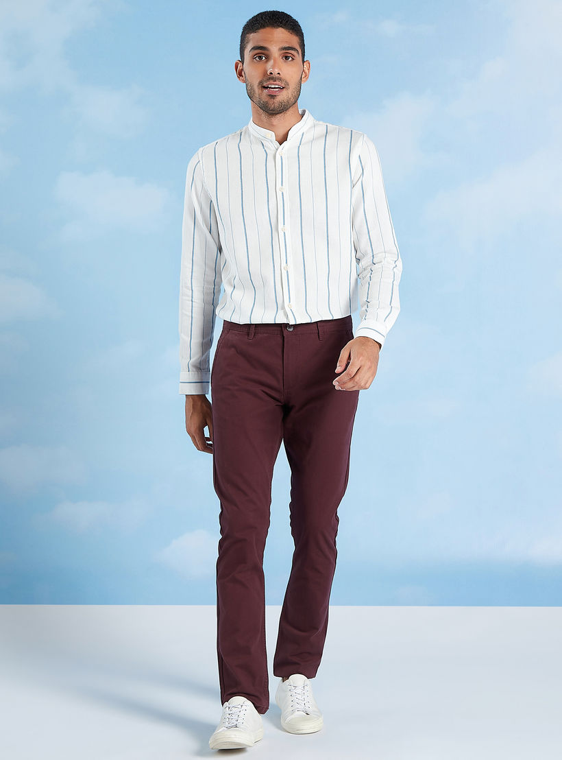 قميص مخطط سليم بياقة ماندارين وأكمام طويلة-men-clothing-shirts-image-2