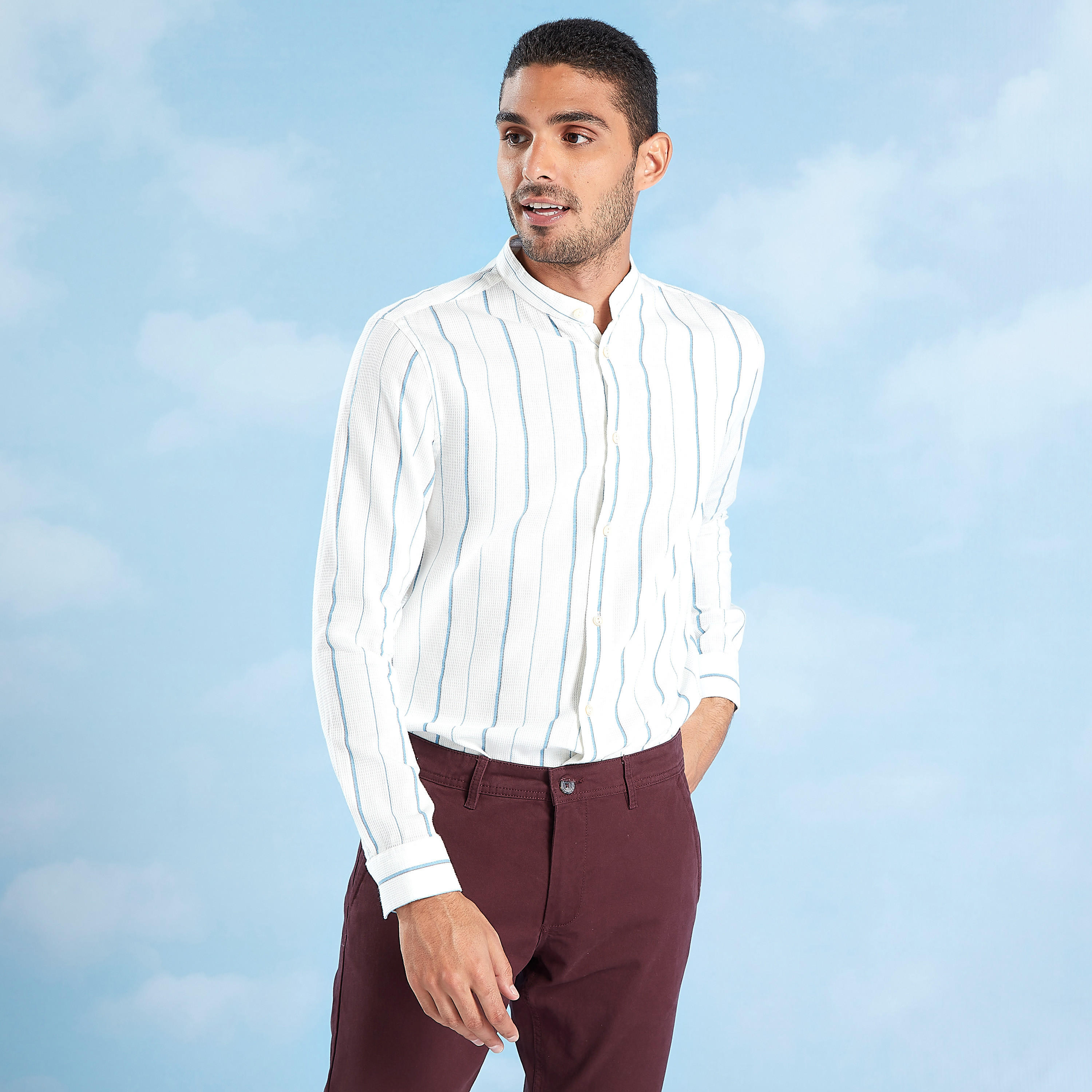قميص مخطط سليم بياقة ماندارين وأكمام طويلة-men-clothing-shirts-image-3