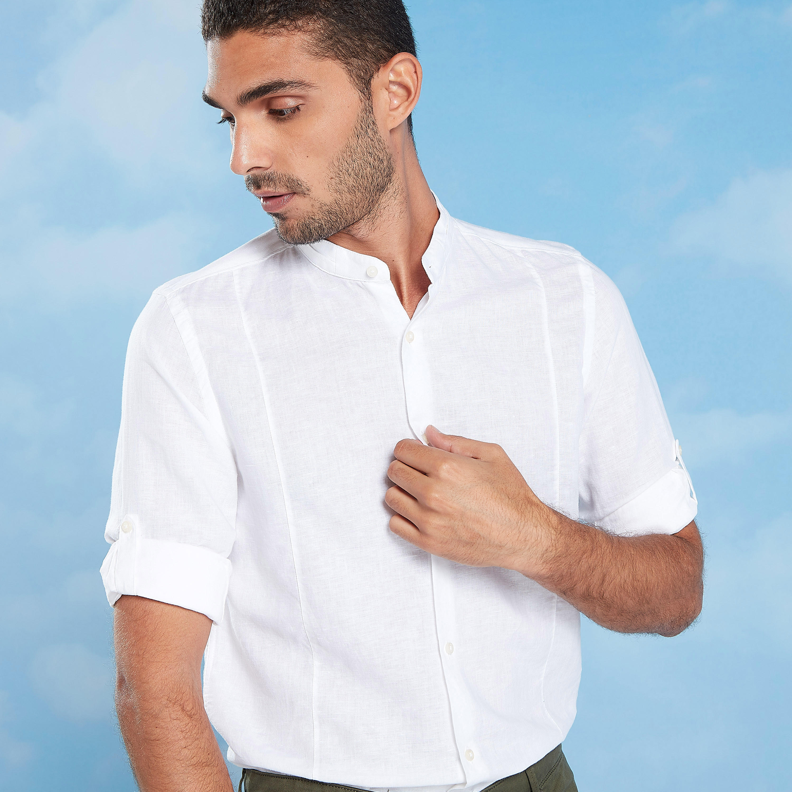 قميص كتّان سادة بياقة ماندارين وأكمام طويلة-men-clothing-shirts-image-1