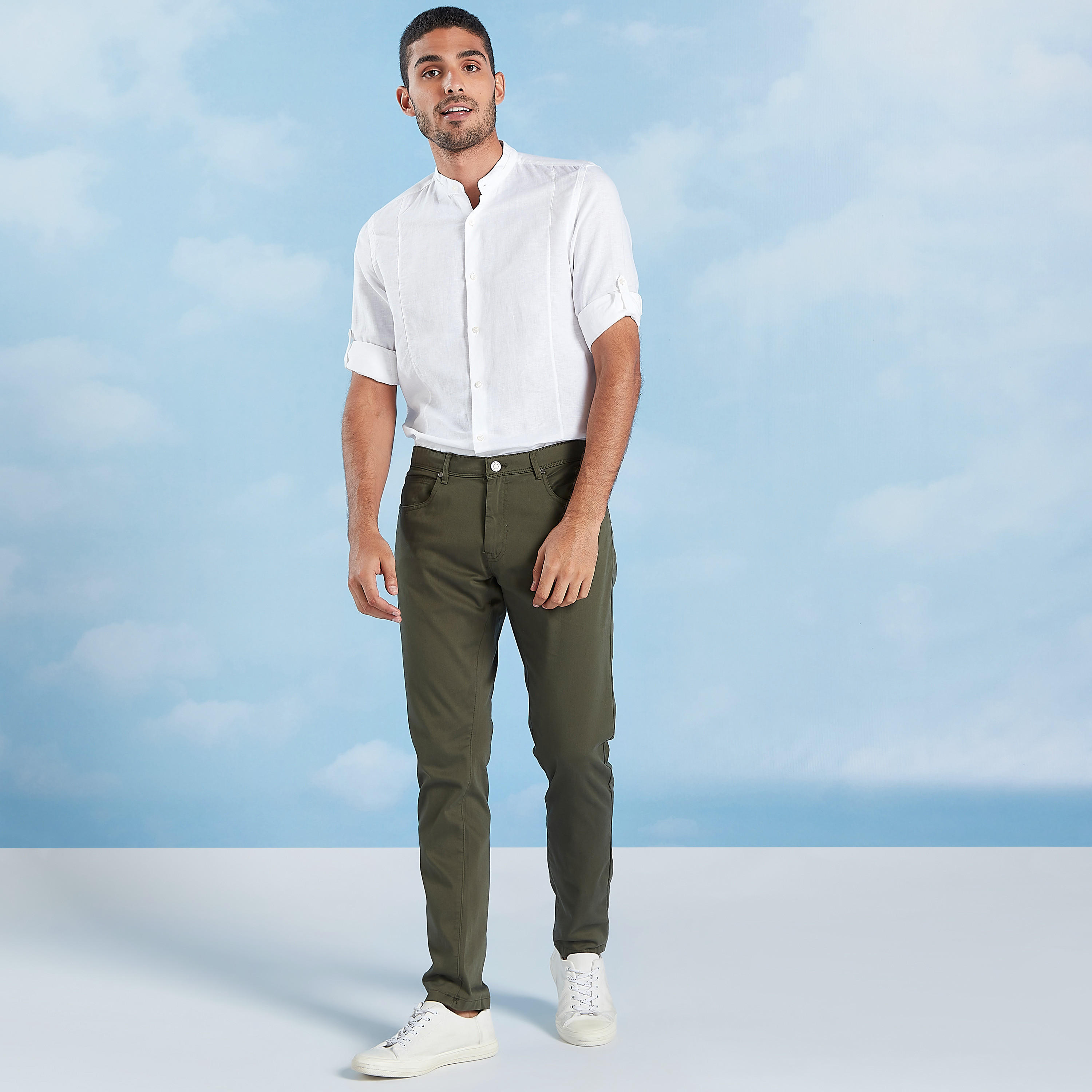 Solid Linen Shirt with Mandarin Collar and Long Sleeves -men-clothing-shirts-image-2