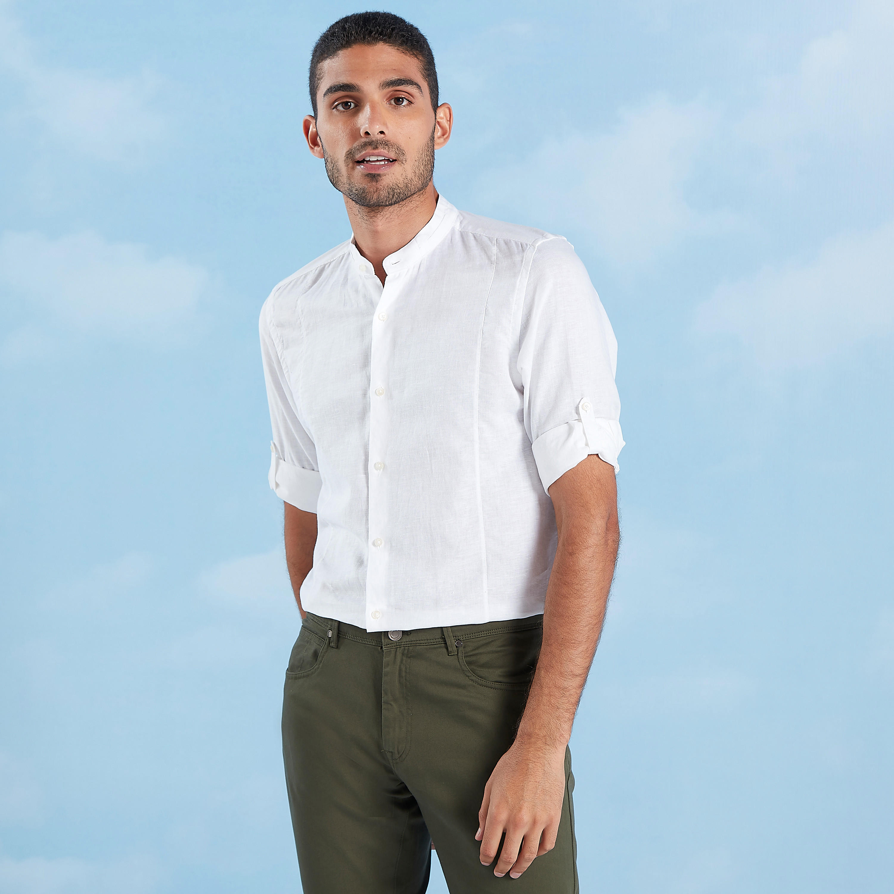 Solid Linen Shirt with Mandarin Collar and Long Sleeves -men-clothing-shirts-image-3