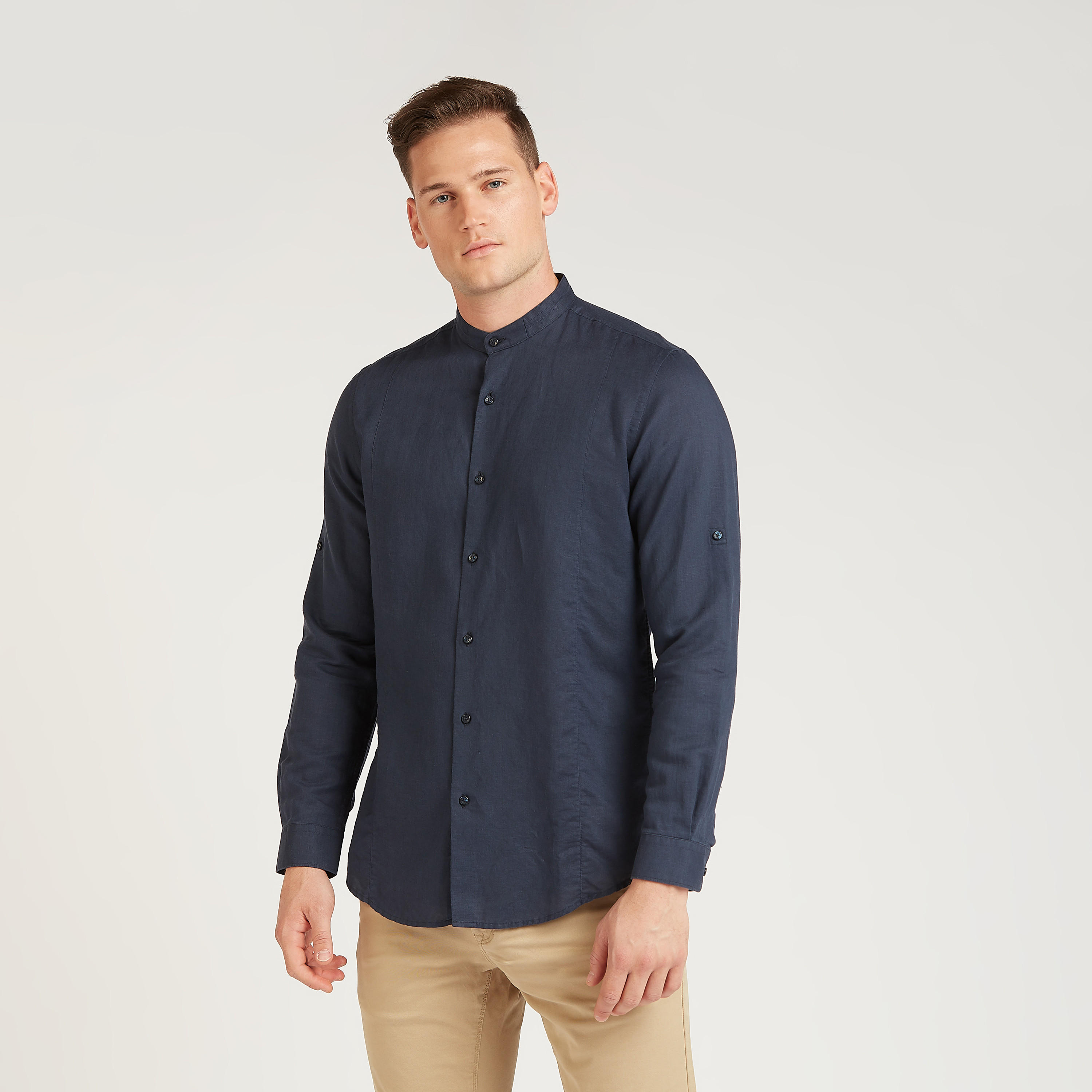 Solid Linen Shirt with Mandarin Collar and Long Sleeves -men-clothing-shirts-image-5