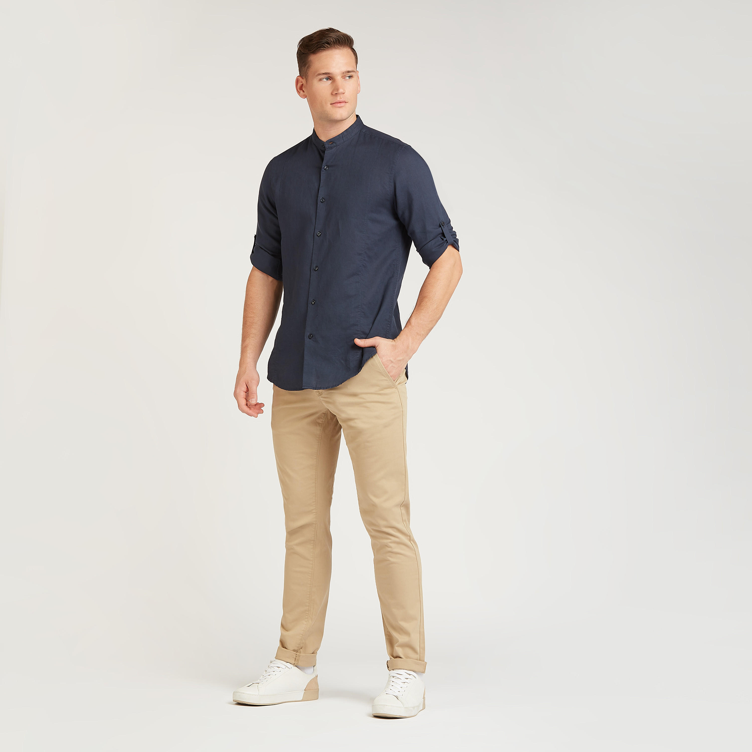 Solid Linen Shirt with Mandarin Collar and Long Sleeves -men-clothing-shirts-image-6