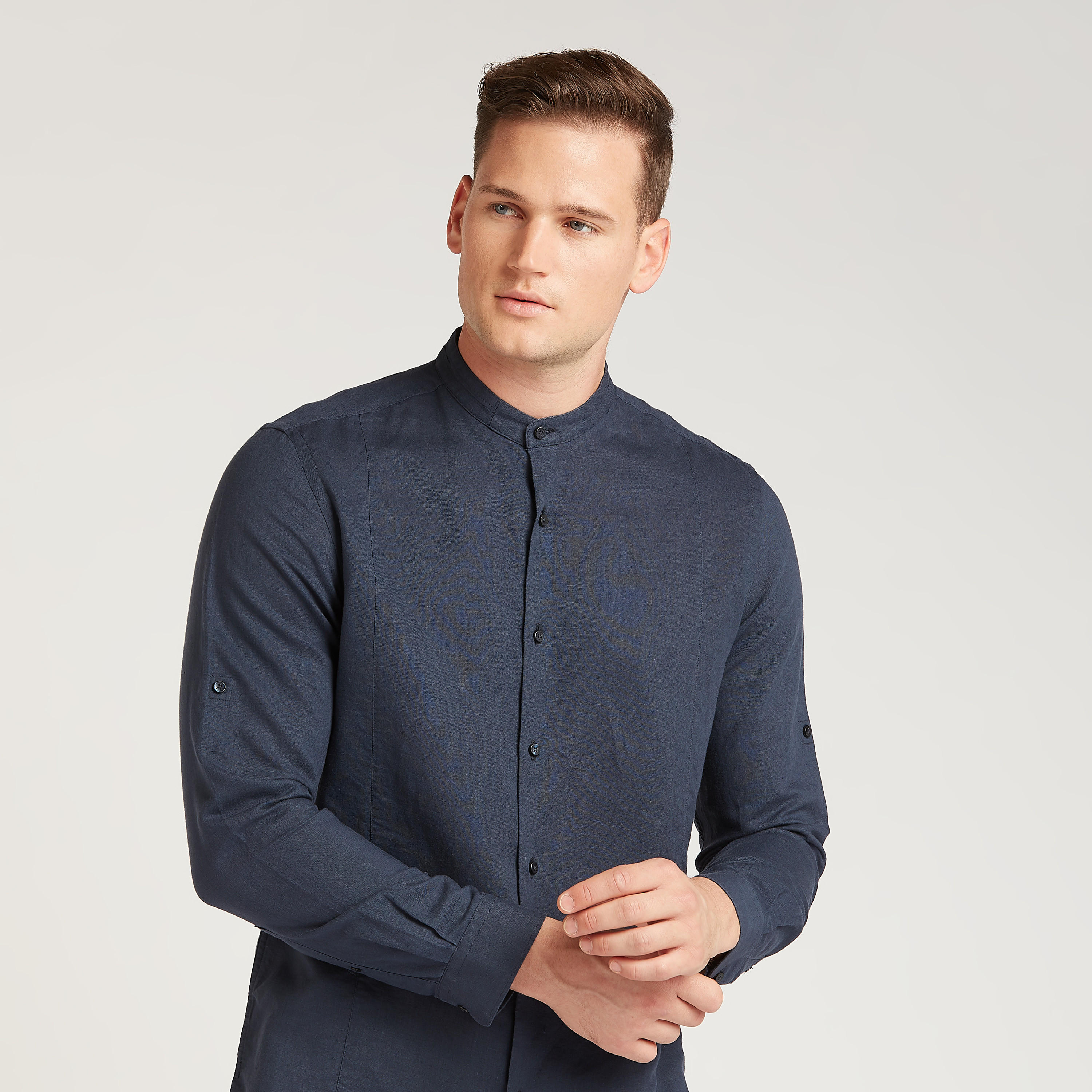 Solid Linen Shirt with Mandarin Collar and Long Sleeves -men-clothing-shirts-image-7