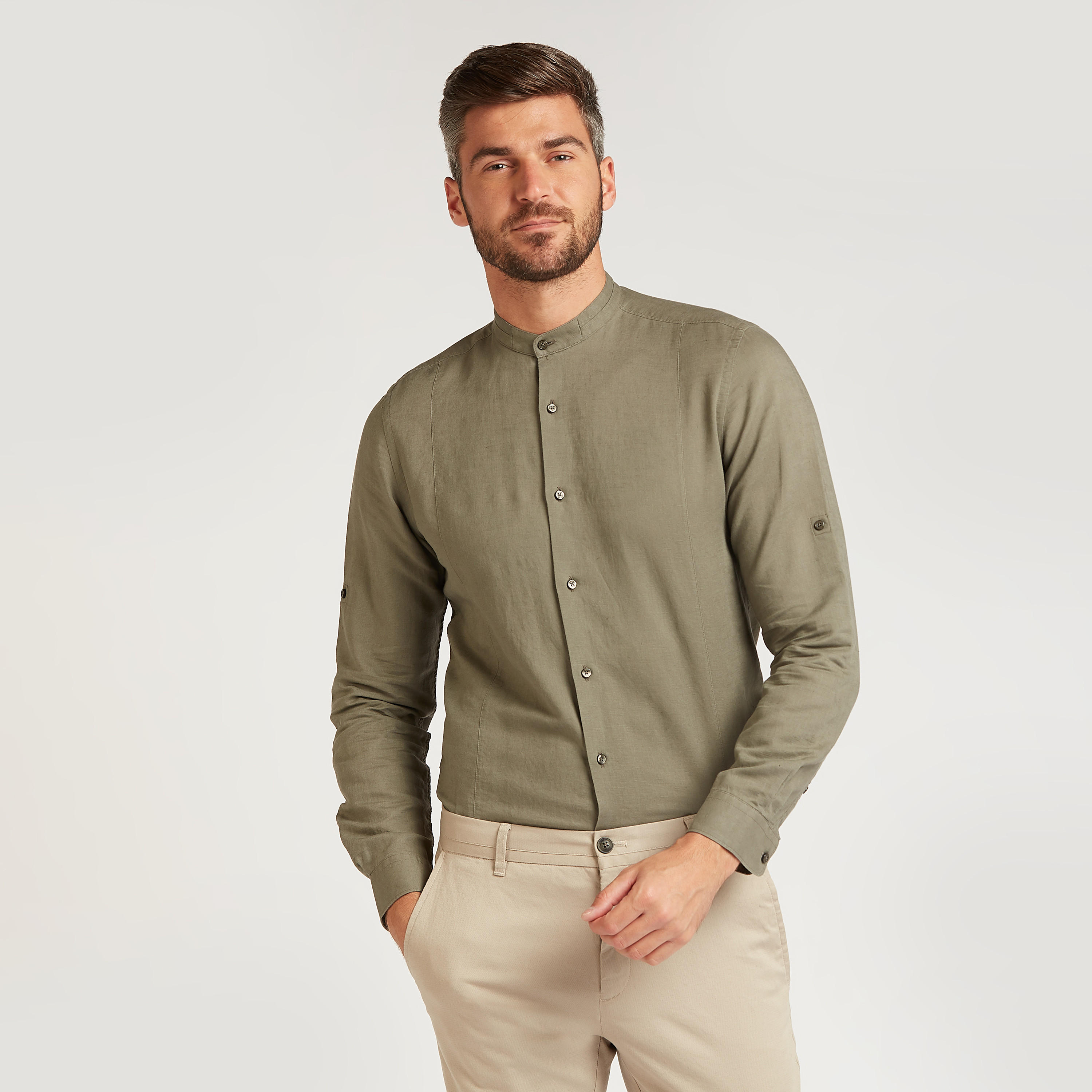Solid Linen Shirt with Mandarin Collar and Long Sleeves -men-clothing-shirts-image-9