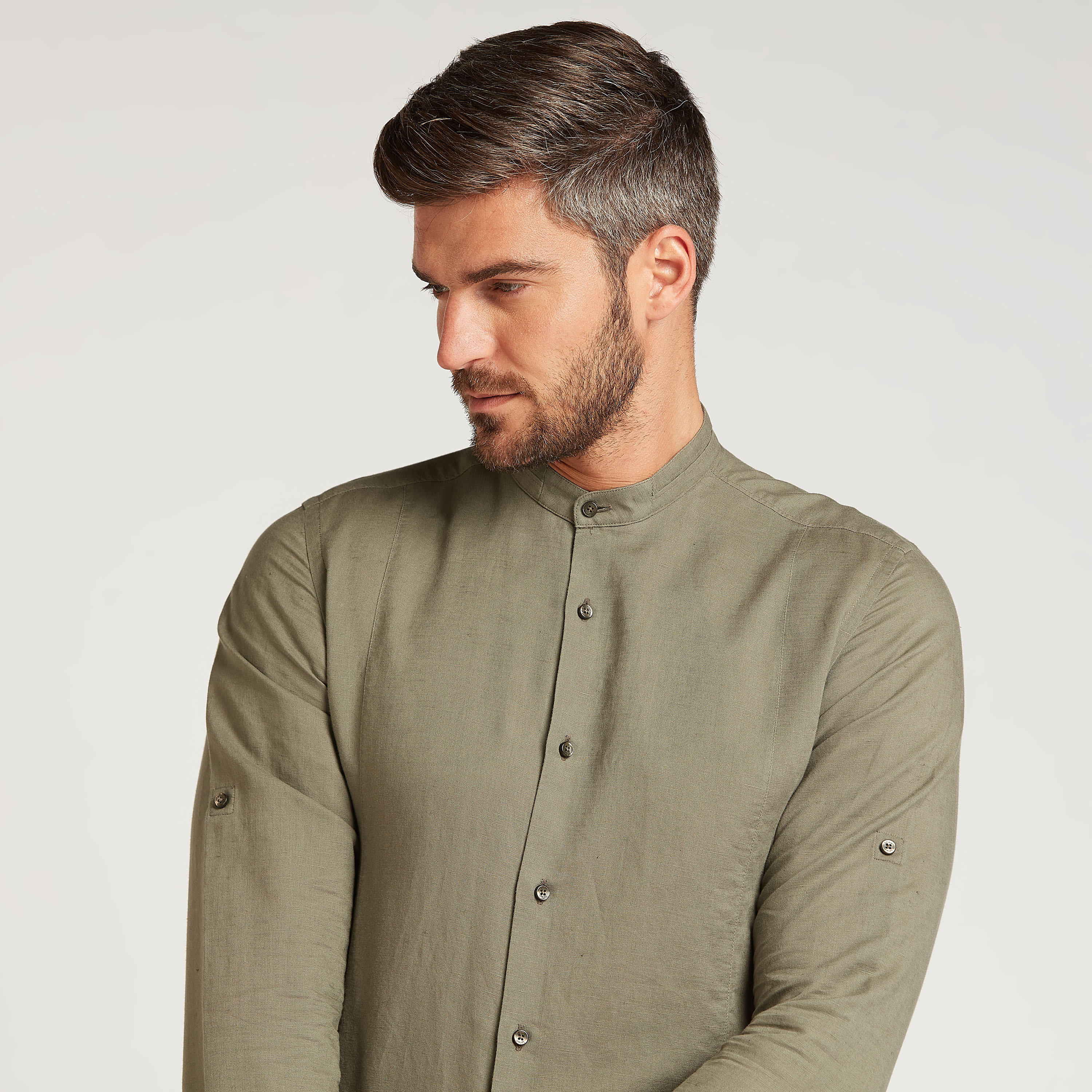 Solid Linen Shirt with Mandarin Collar and Long Sleeves -men-clothing-shirts-image-11