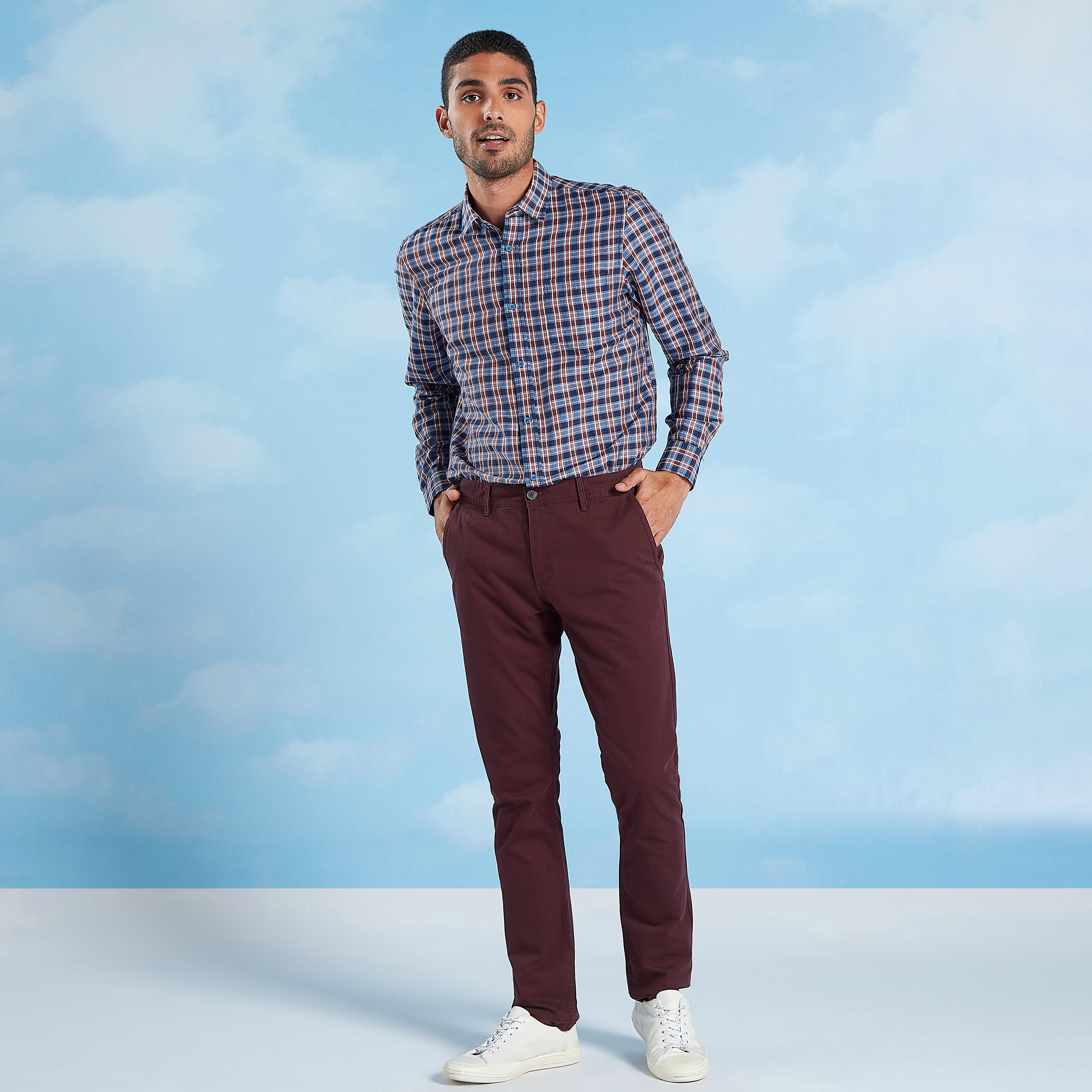 Chequered Linen Shirt with Long Sleeves and Spread Collar -men-clothing-shirts-image-2