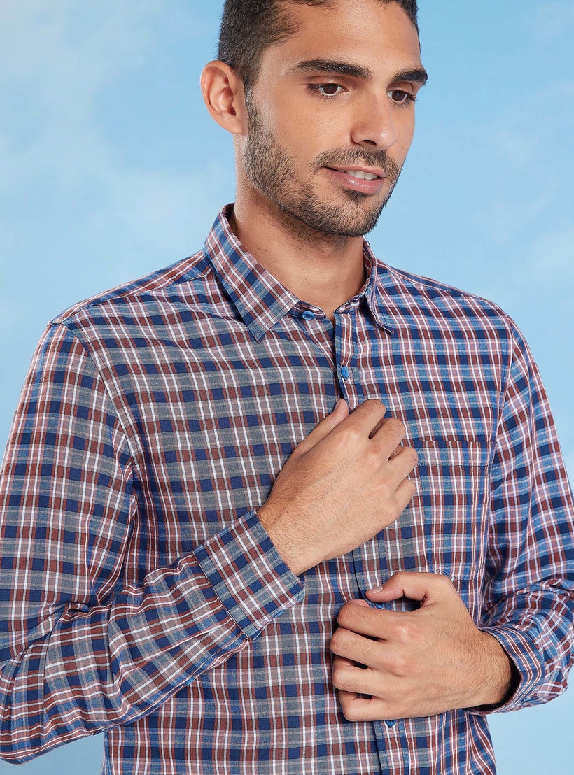 Chequered Linen Shirt with Long Sleeves and Spread Collar -men-clothing-shirts-image-3