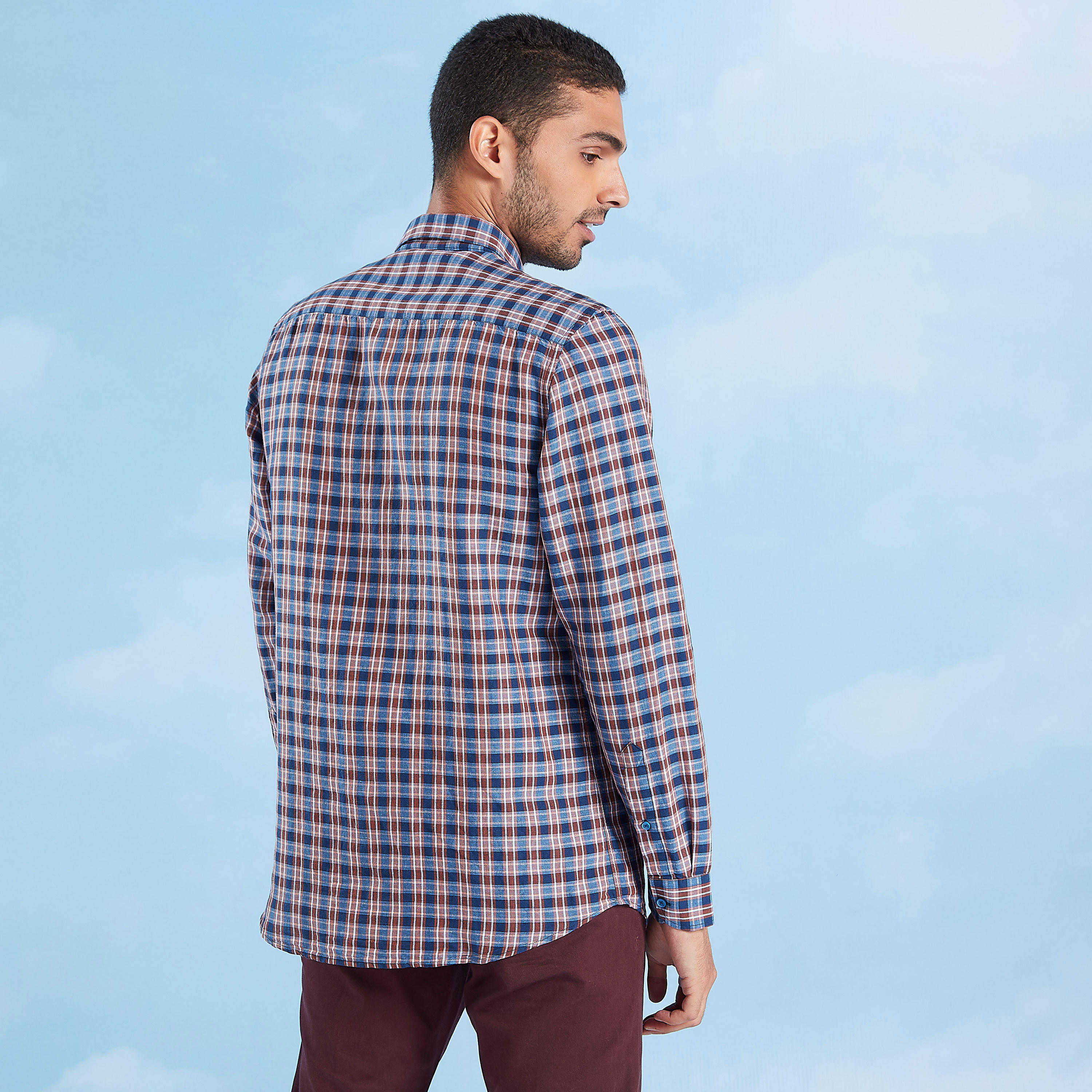 Chequered Linen Shirt with Long Sleeves and Spread Collar -men-clothing-shirts-image-4