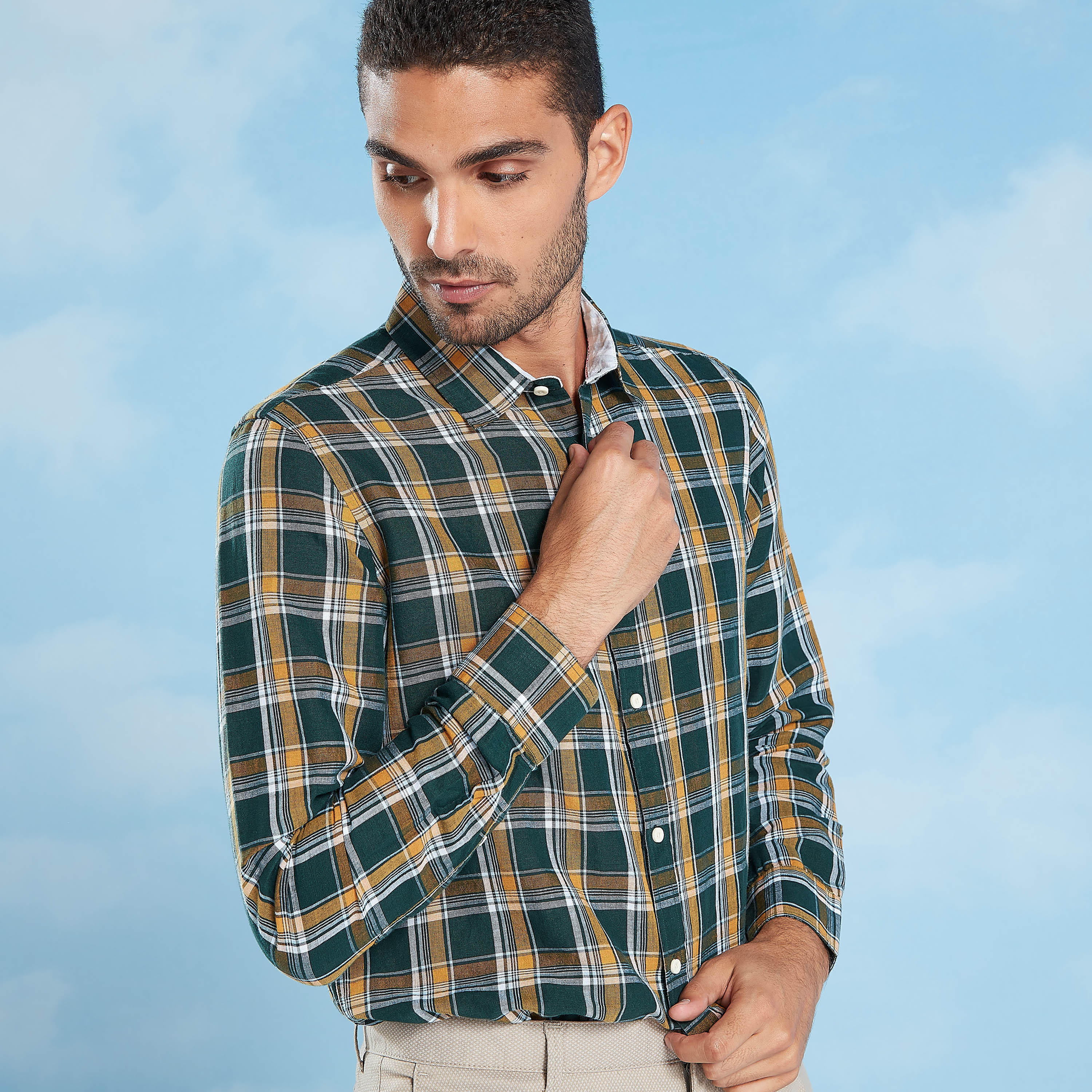 Checked Shirt with Long Sleeves and Spread Collar-men-clothing-shirts-image-3