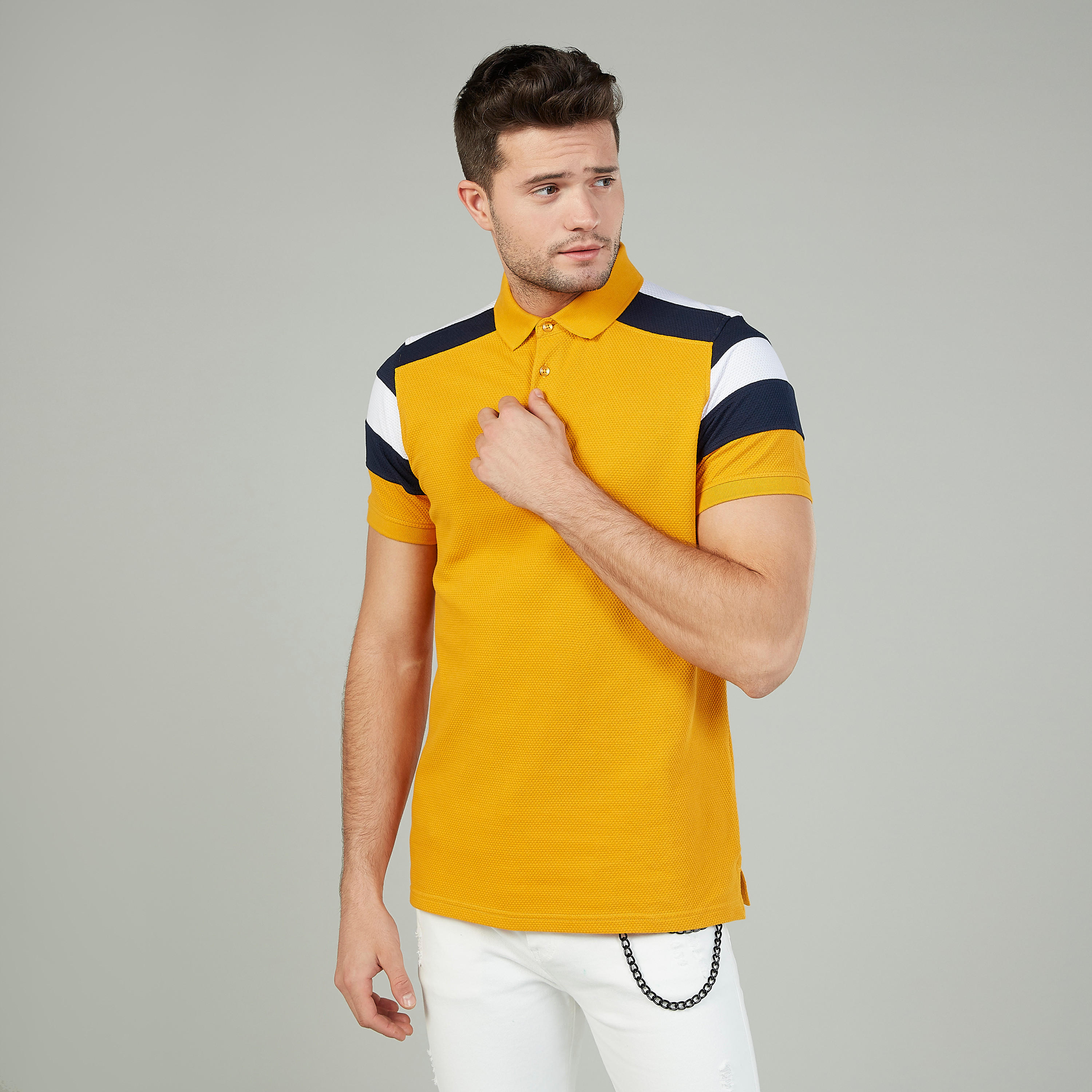 Textured T-shirt with Polo Neck and Short Sleeves-men-clothing-tshirtsandpolos-polos-image-1