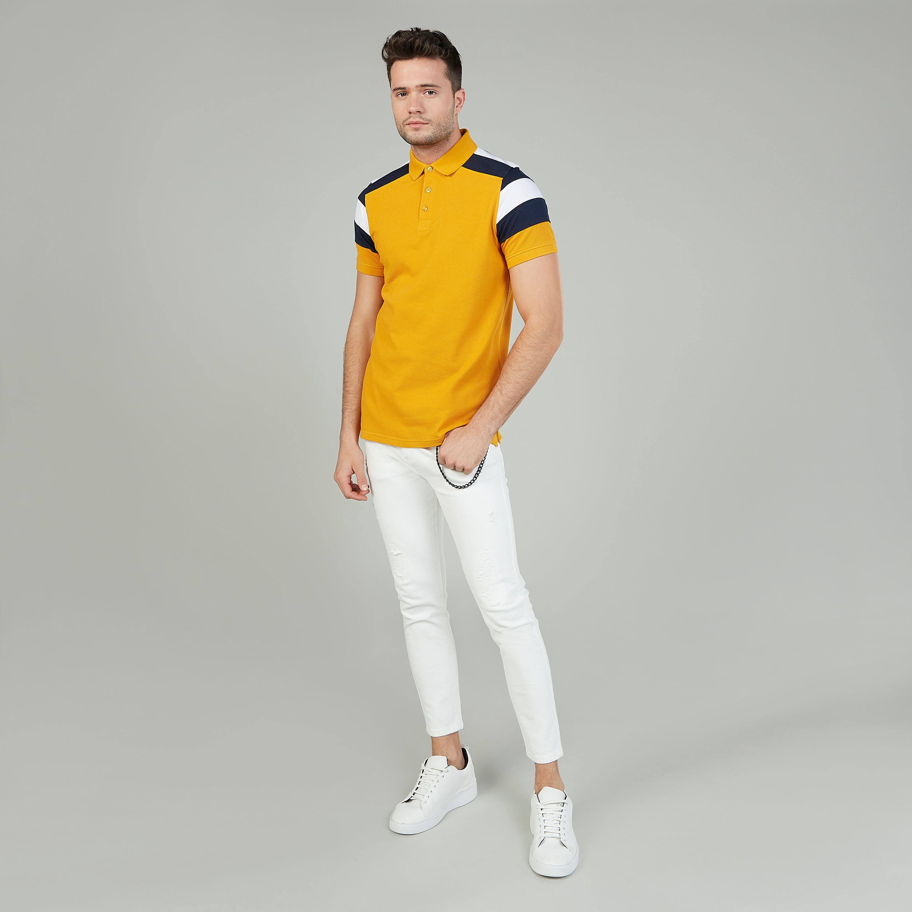 Textured T-shirt with Polo Neck and Short Sleeves-men-clothing-tshirtsandpolos-polos-image-2