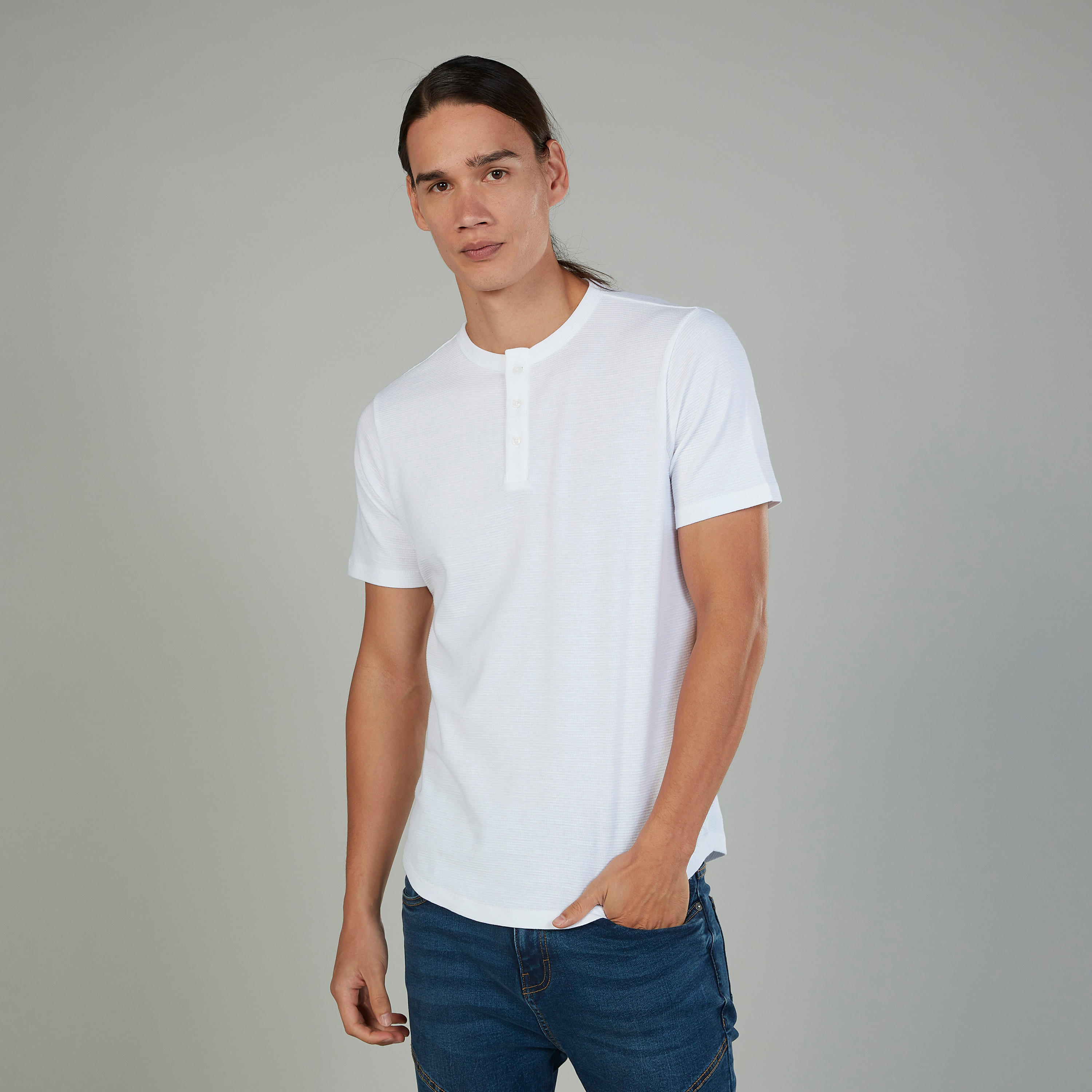 Slim Fit Textured T-shirt with Henley Neck and Short Sleeves-men-clothing-tshirtsandpolos-tshirts-image-1