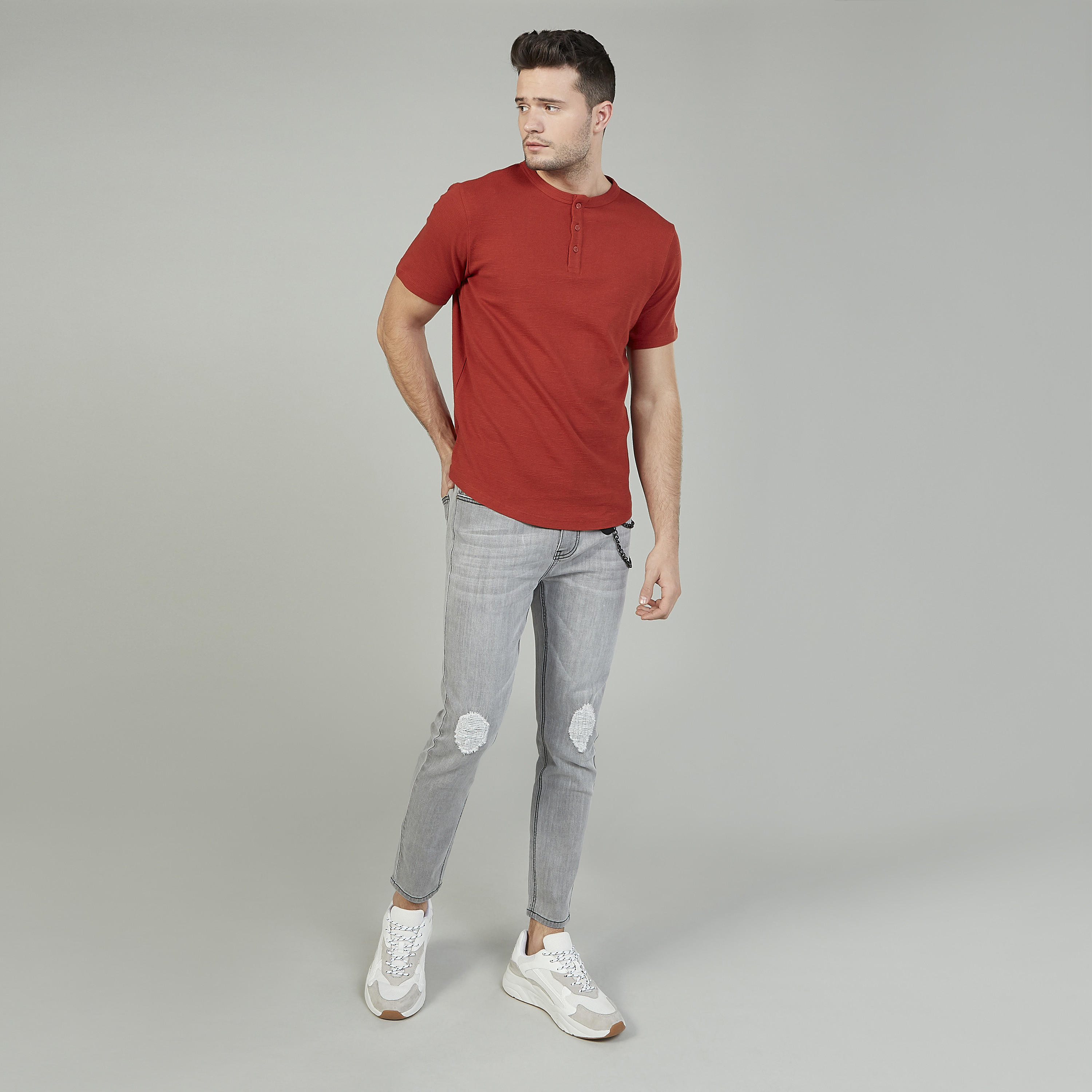 Slim Fit Textured T-shirt with Henley Neck and Short Sleeves-men-clothing-tshirtsandpolos-tshirts-image-7