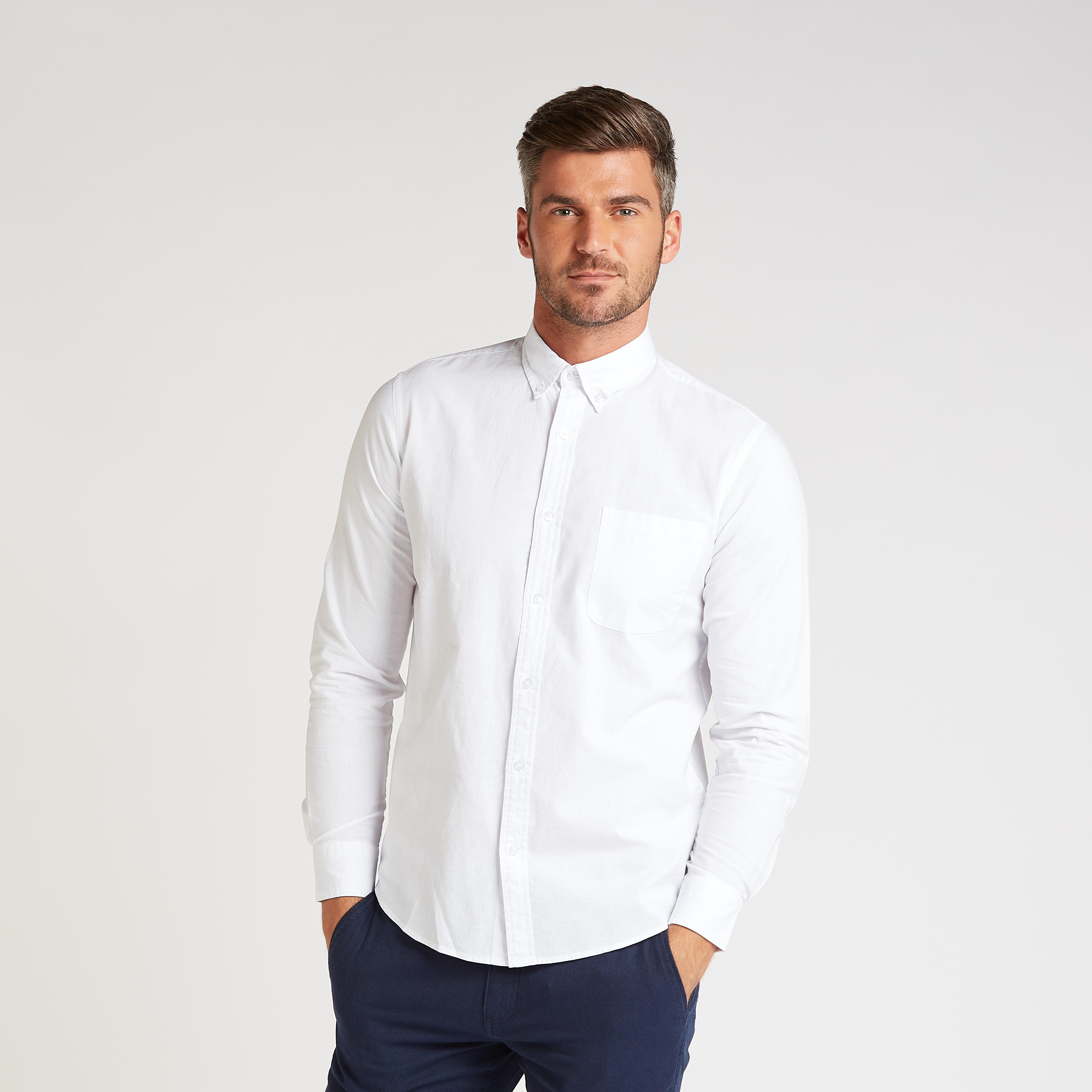 قميص سادة سليم بأكمام طويلة وجيب على الصدر-men-clothing-shirts-image-1