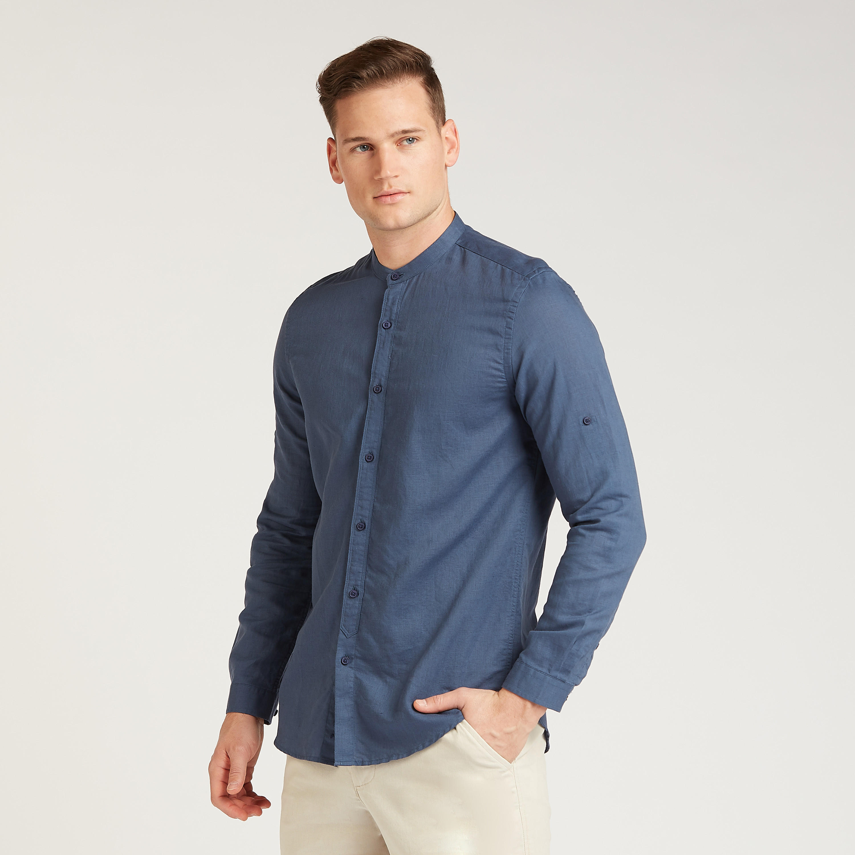 قميص كتّان مستدام سادة بياقة ماندارين وأكمام قصيرة-men-clothing-shirts-image-10