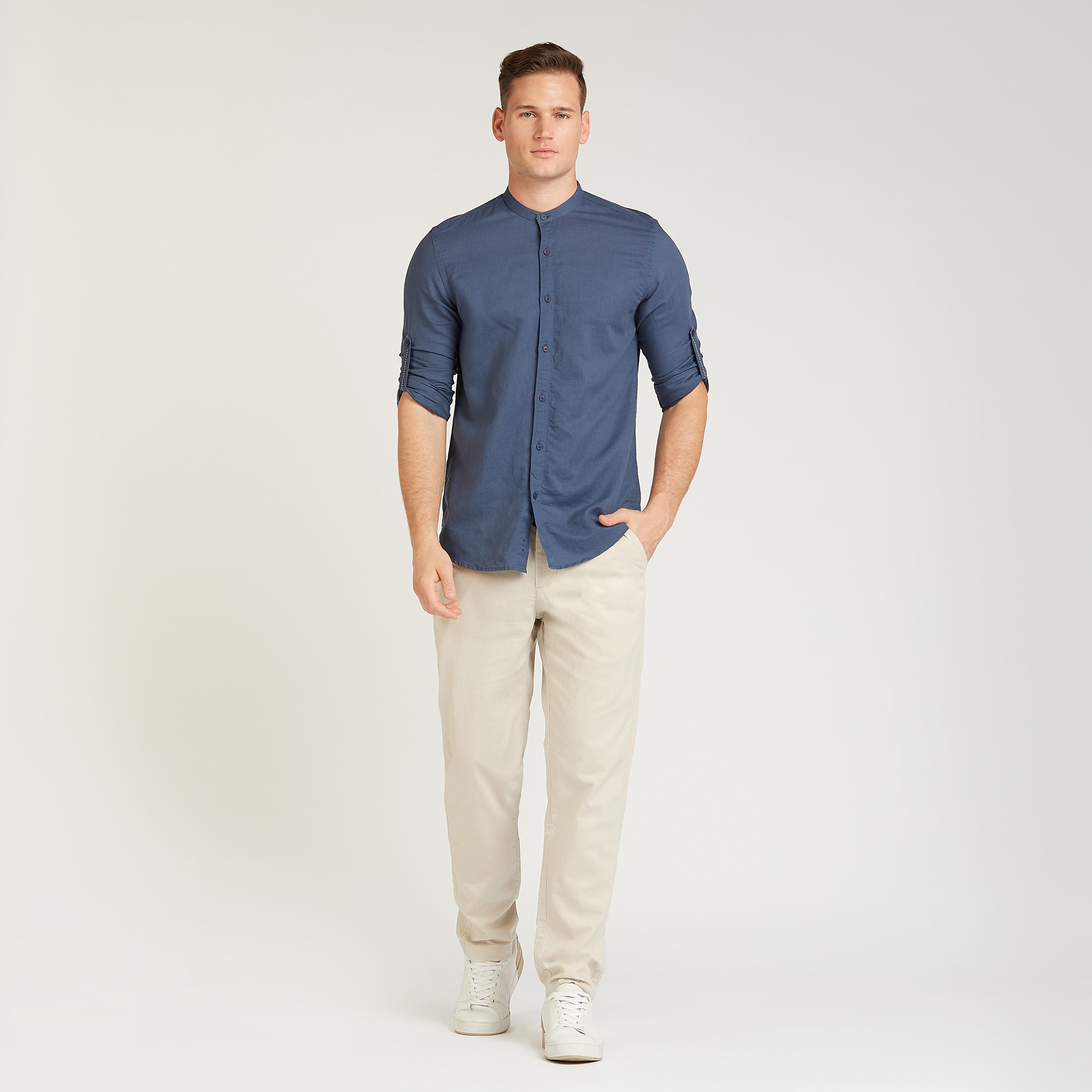 قميص كتّان مستدام سادة بياقة ماندارين وأكمام قصيرة-men-clothing-shirts-image-11