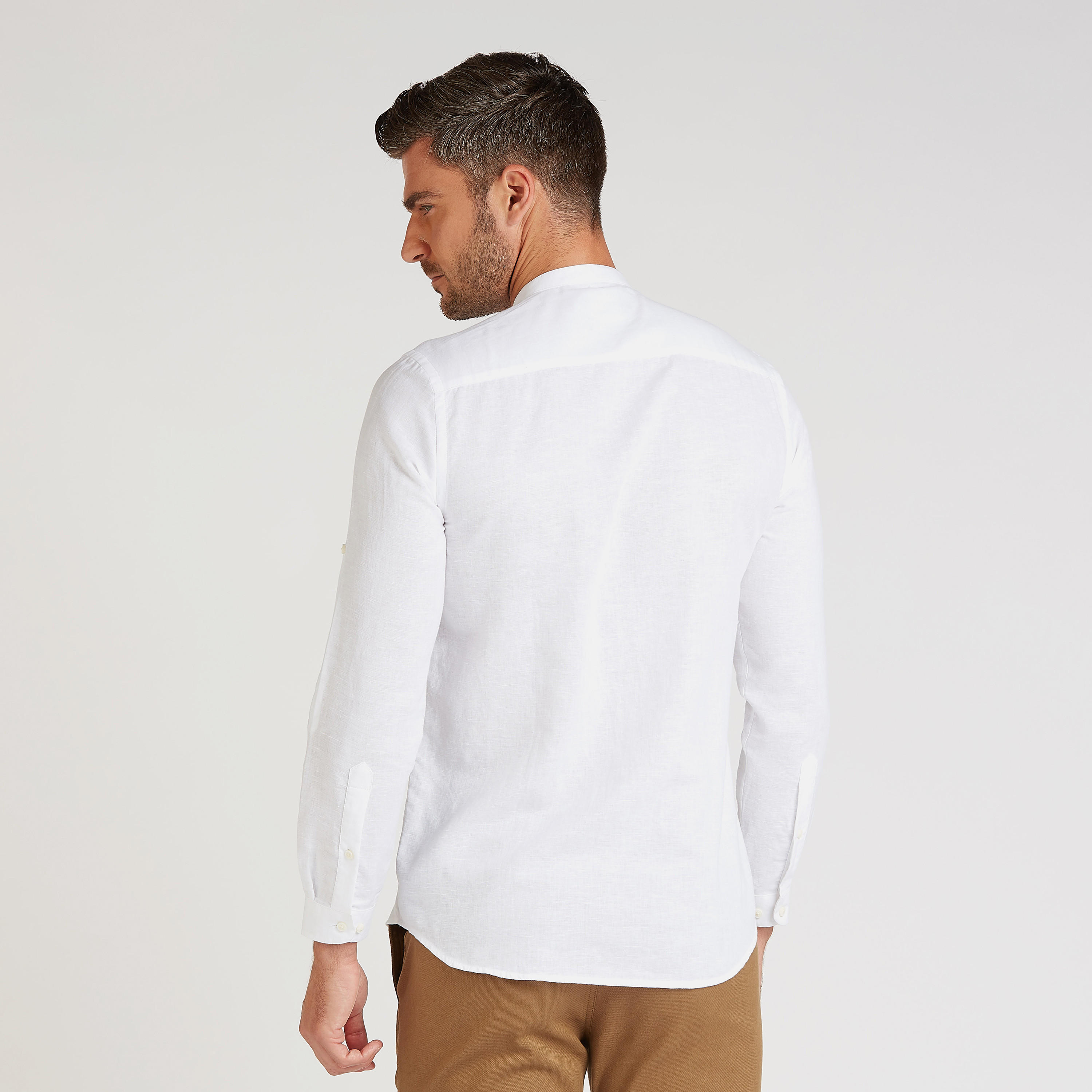 قميص كتّان مستدام سادة بياقة ماندارين وأكمام قصيرة-men-clothing-shirts-image-4