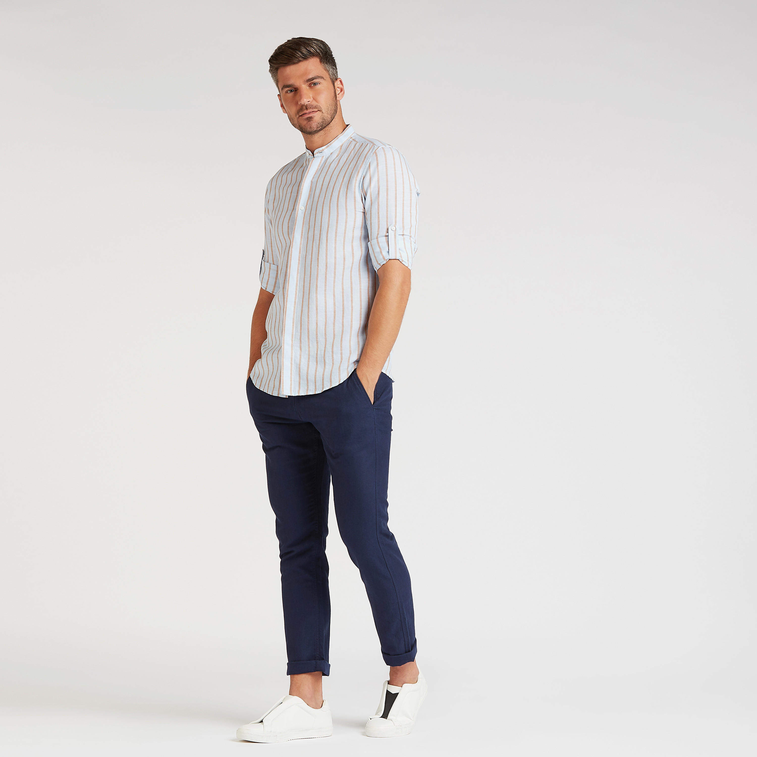 قميص كتّان مستدام مخطط بياقة ماندارين وأكمام طويلة-men-clothing-shirts-image-2