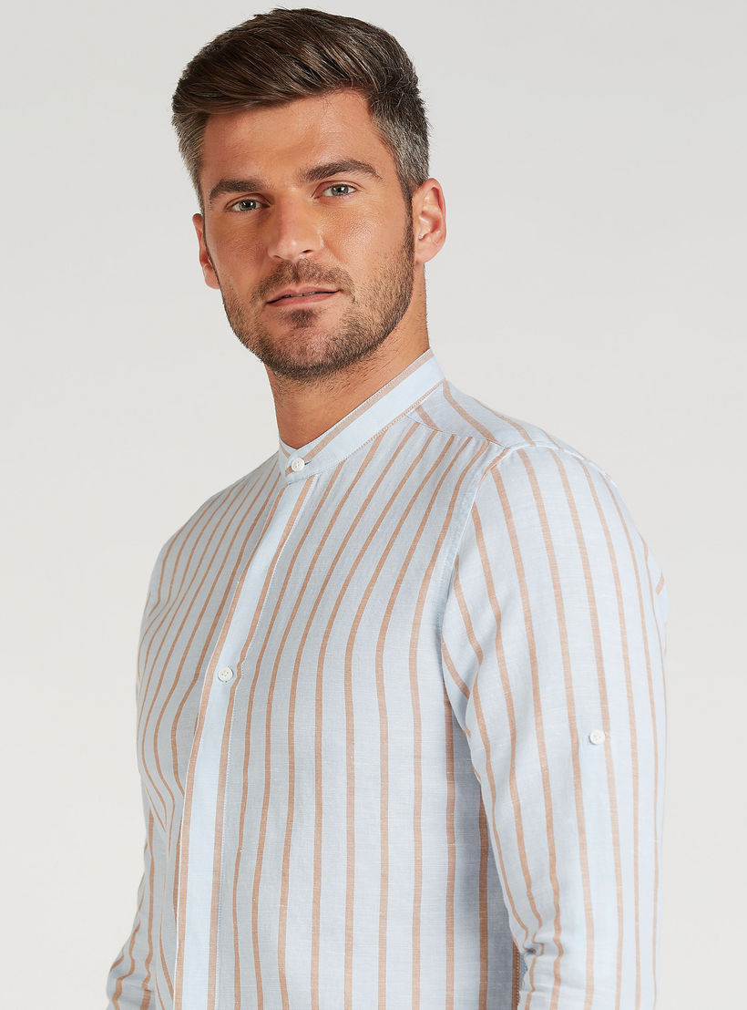 قميص كتّان مستدام مخطط بياقة ماندارين وأكمام طويلة-men-clothing-shirts-image-3