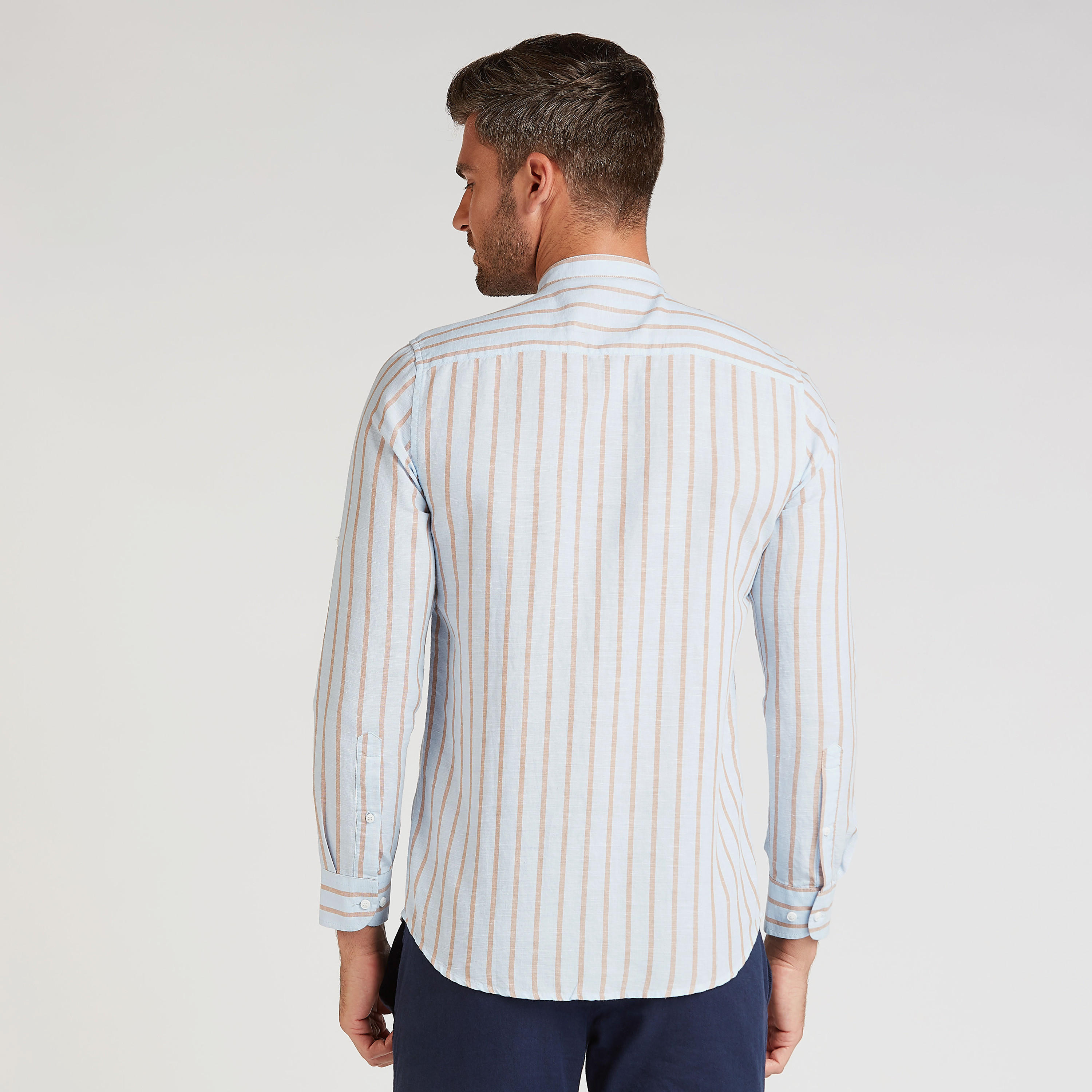 قميص كتّان مستدام مخطط بياقة ماندارين وأكمام طويلة-men-clothing-shirts-image-4