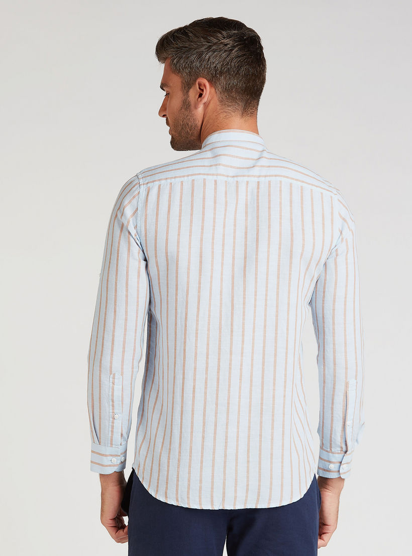 قميص كتّان مستدام مخطط بياقة ماندارين وأكمام طويلة-men-clothing-shirts-image-4