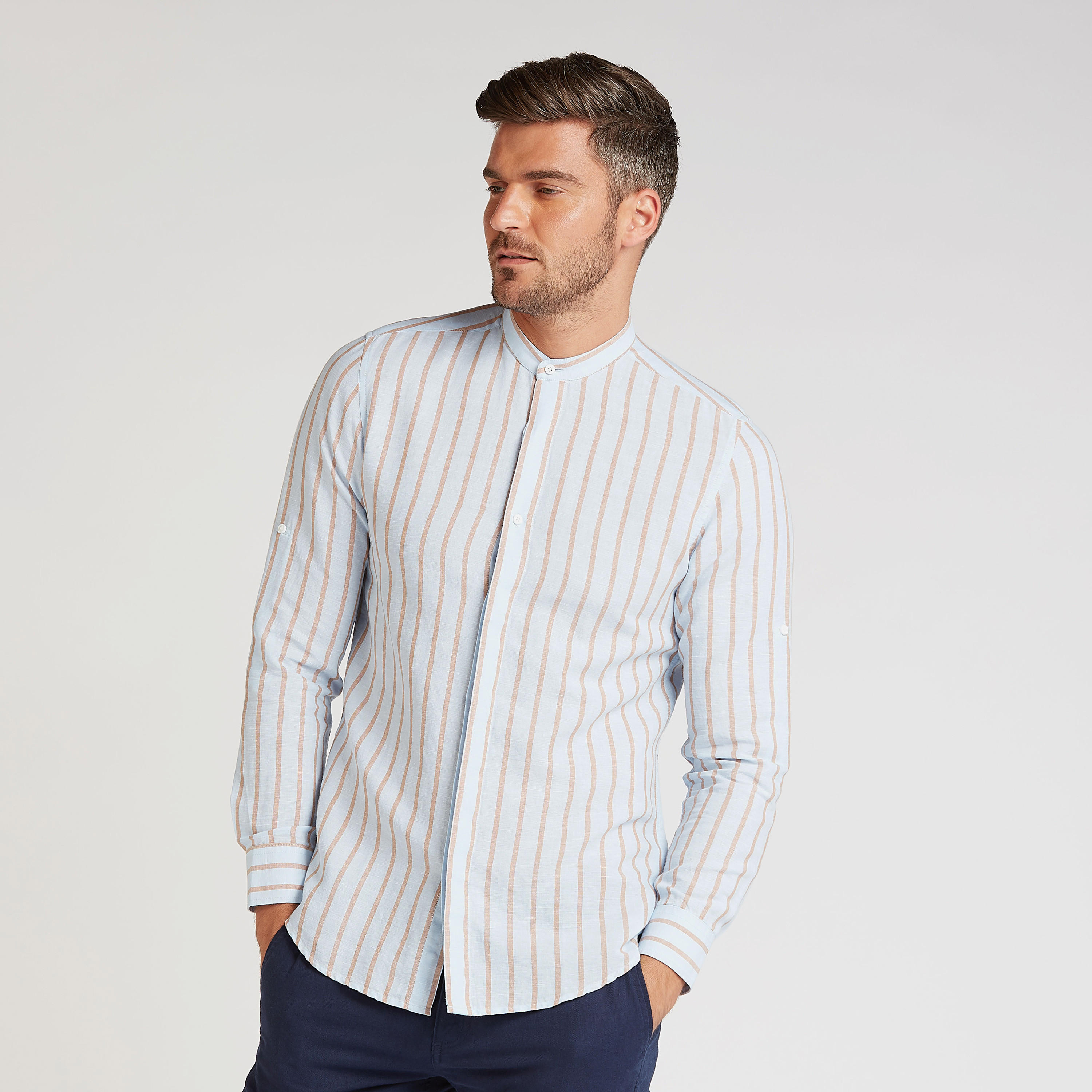 قميص كتّان مستدام مخطط بياقة ماندارين وأكمام طويلة-men-clothing-shirts-image-5