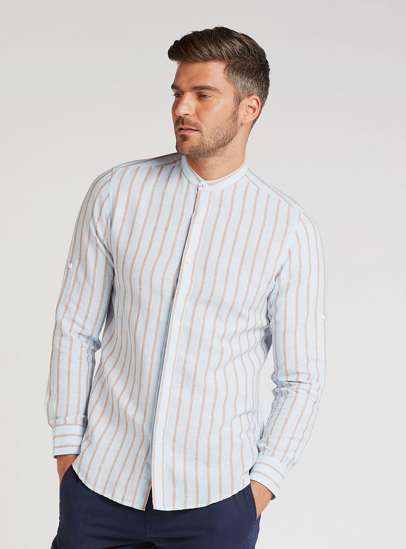 قميص كتّان مستدام مخطط بياقة ماندارين وأكمام طويلة-men-clothing-shirts-image-5