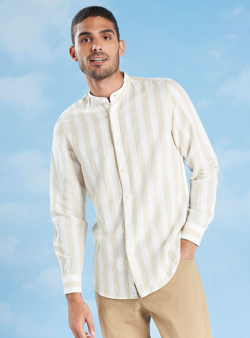 قميص كتّان مستدام مخطط بياقة ماندارين وأكمام قصيرة-men-clothing-shirts-image-1