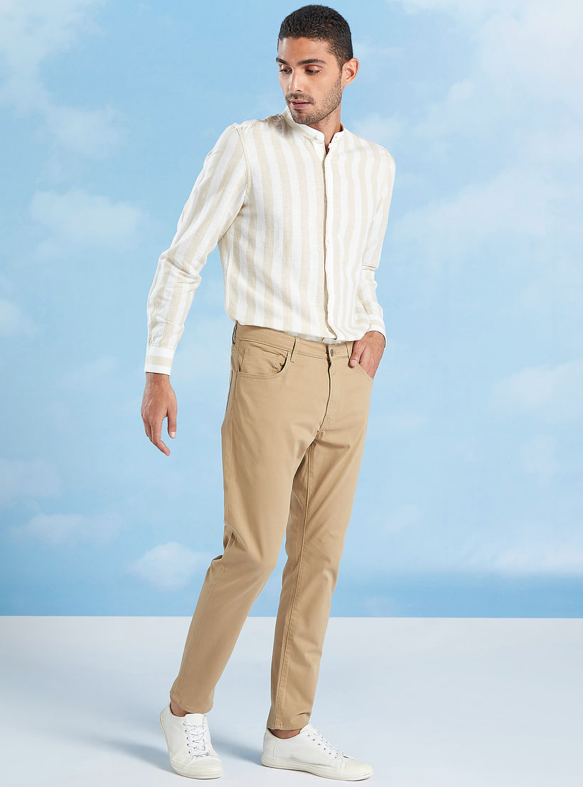 قميص كتّان مستدام مخطط بياقة ماندارين وأكمام قصيرة-men-clothing-shirts-image-2