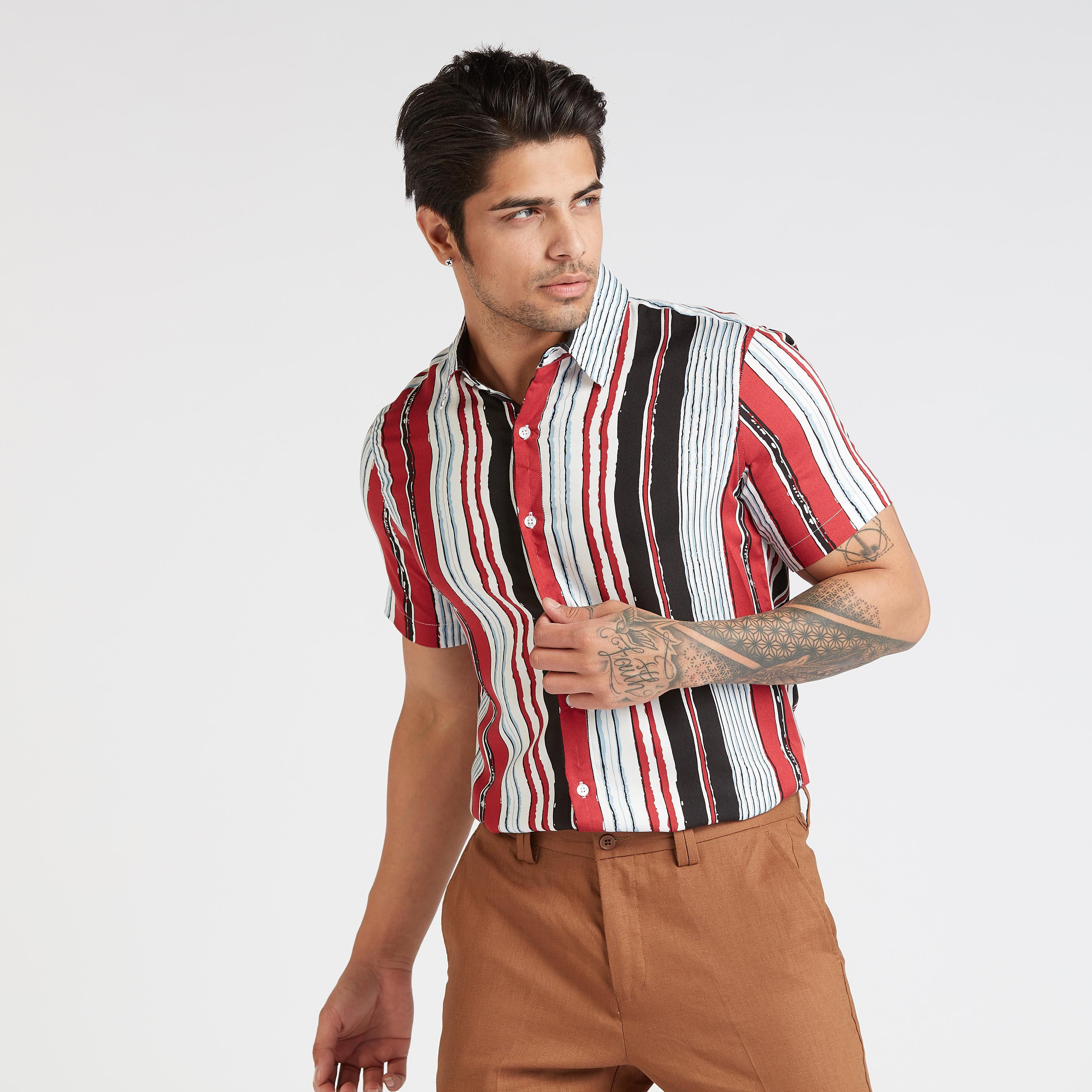 قميص سليم مخطط بياقة عاديّة وأكمام قصيرة-men-clothing-shirts-image-1