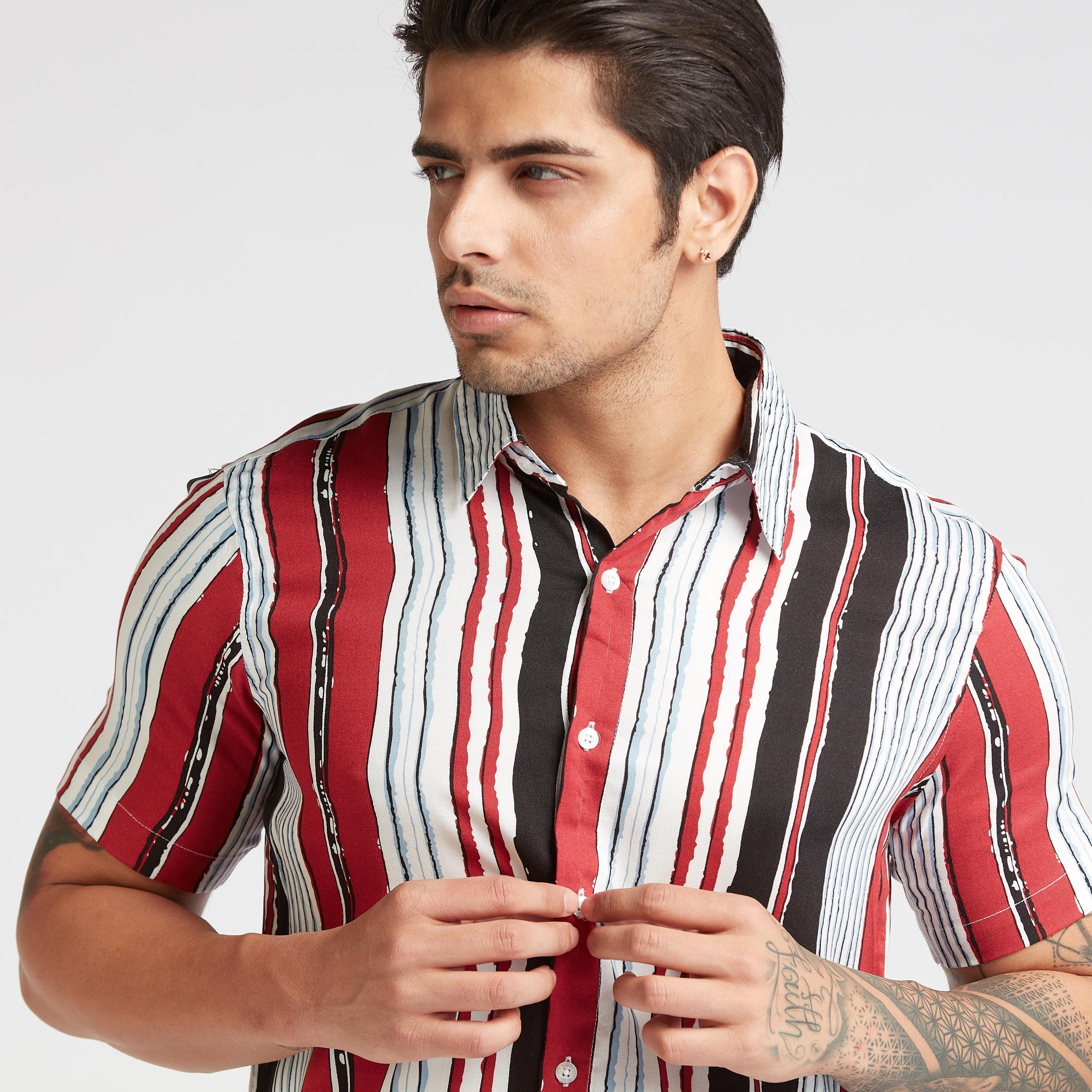 قميص سليم مخطط بياقة عاديّة وأكمام قصيرة-men-clothing-shirts-image-3