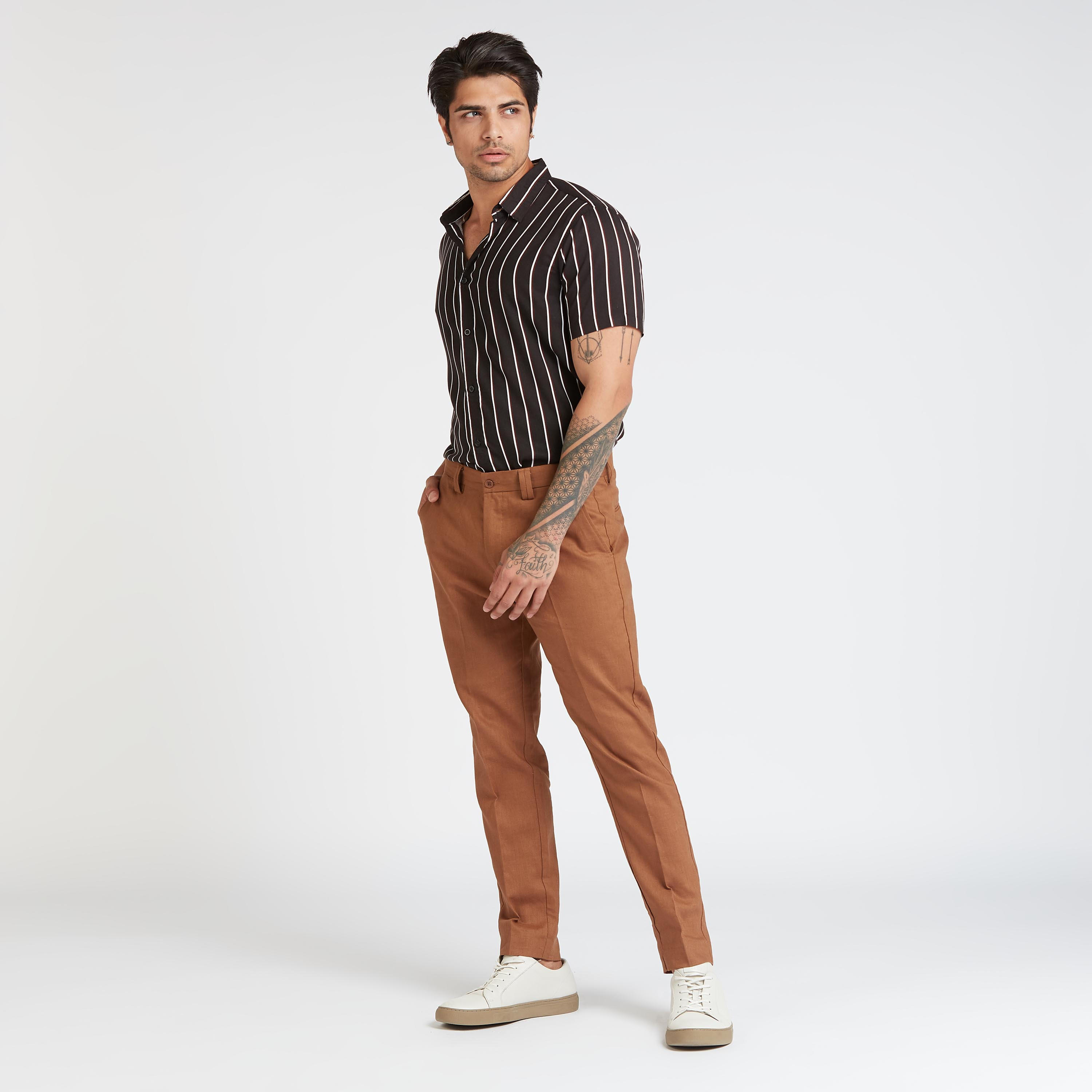 قميص مخطط سليم بياقة عاديّة وأكمام قصيرة-men-clothing-shirts-image-2