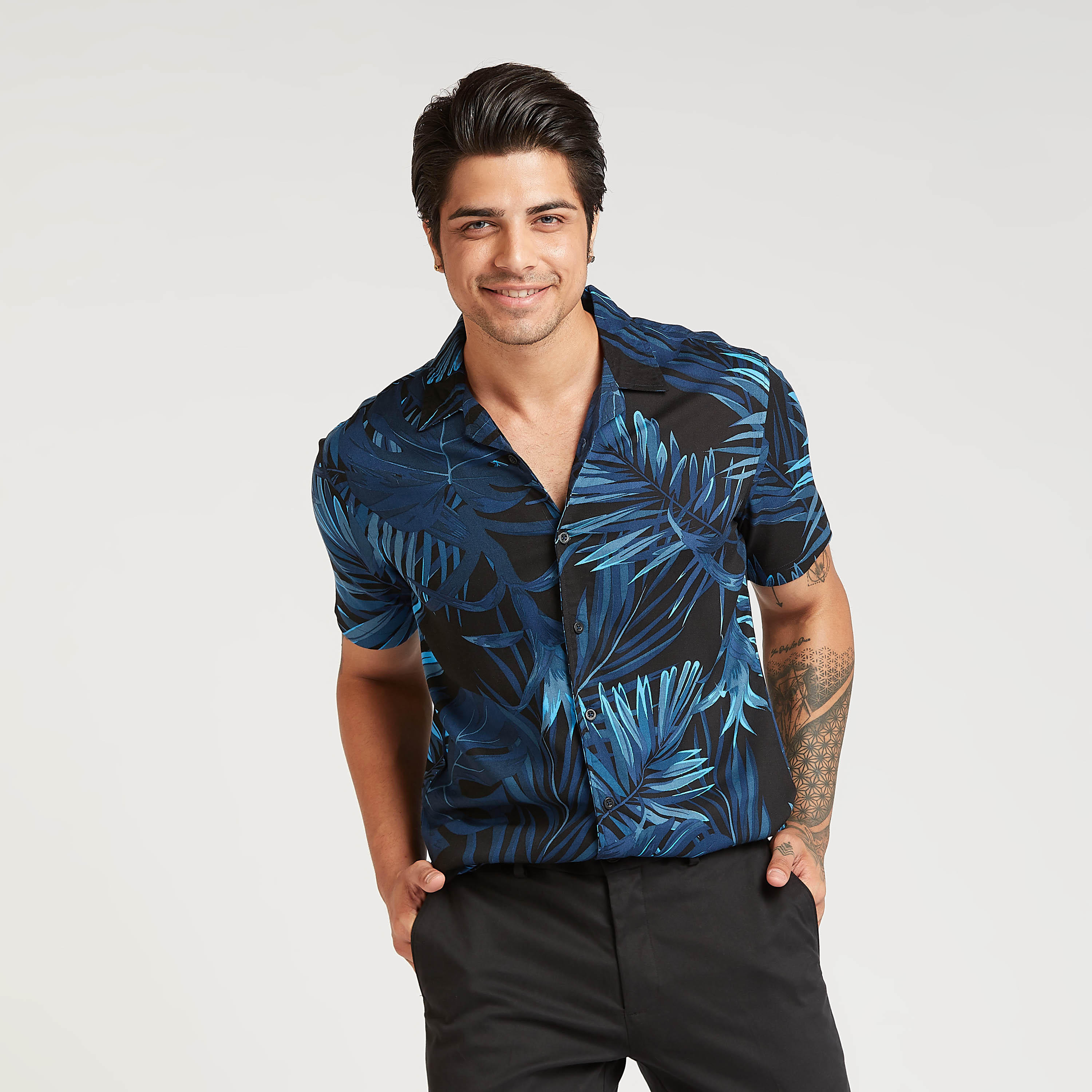 Slim Fit Printed Shirt with Spread Collar and Short Sleeves-men-clothing-shirts-image-1