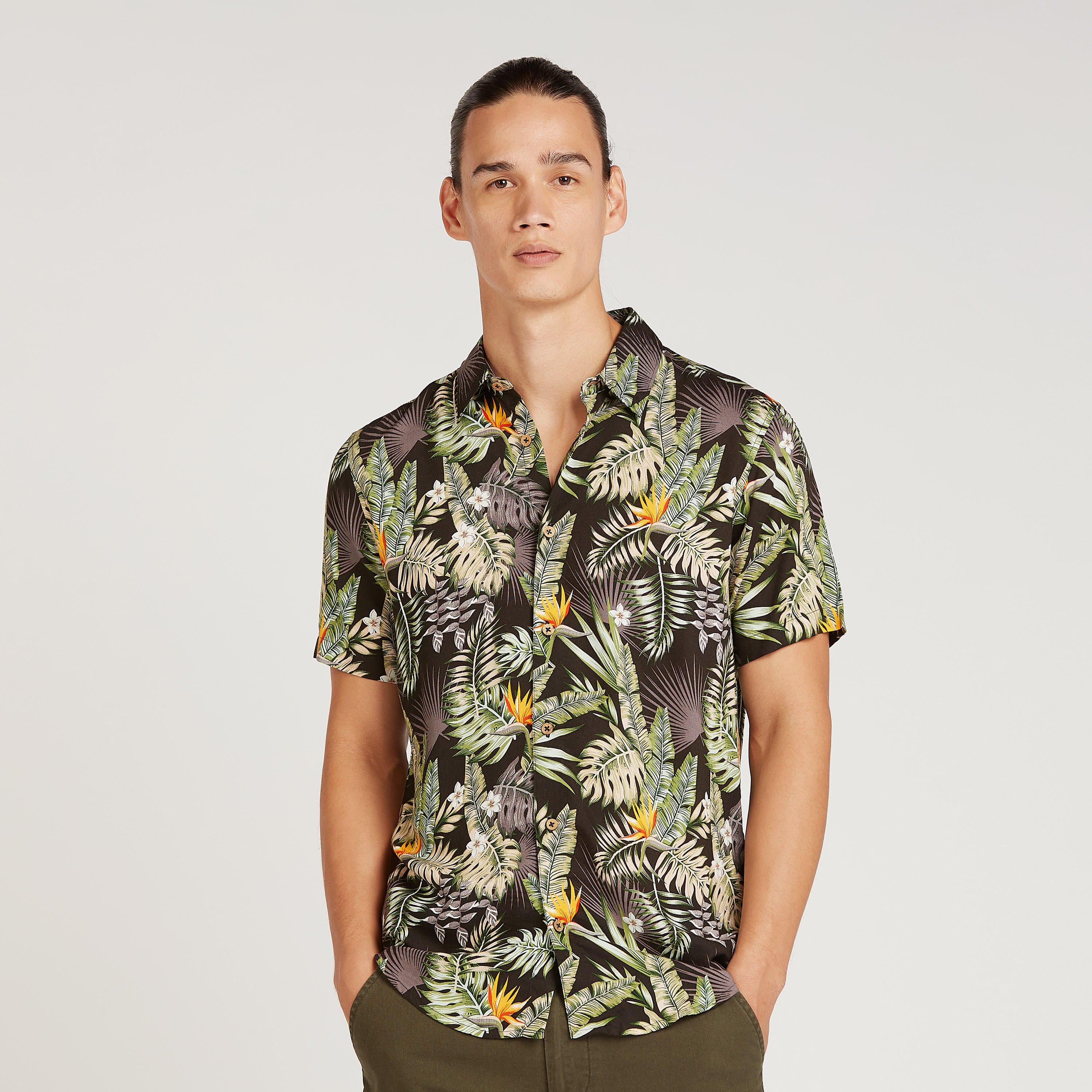 Printed Shirt with Short Sleeves and Spread Collar-men-clothing-shirts-image-1