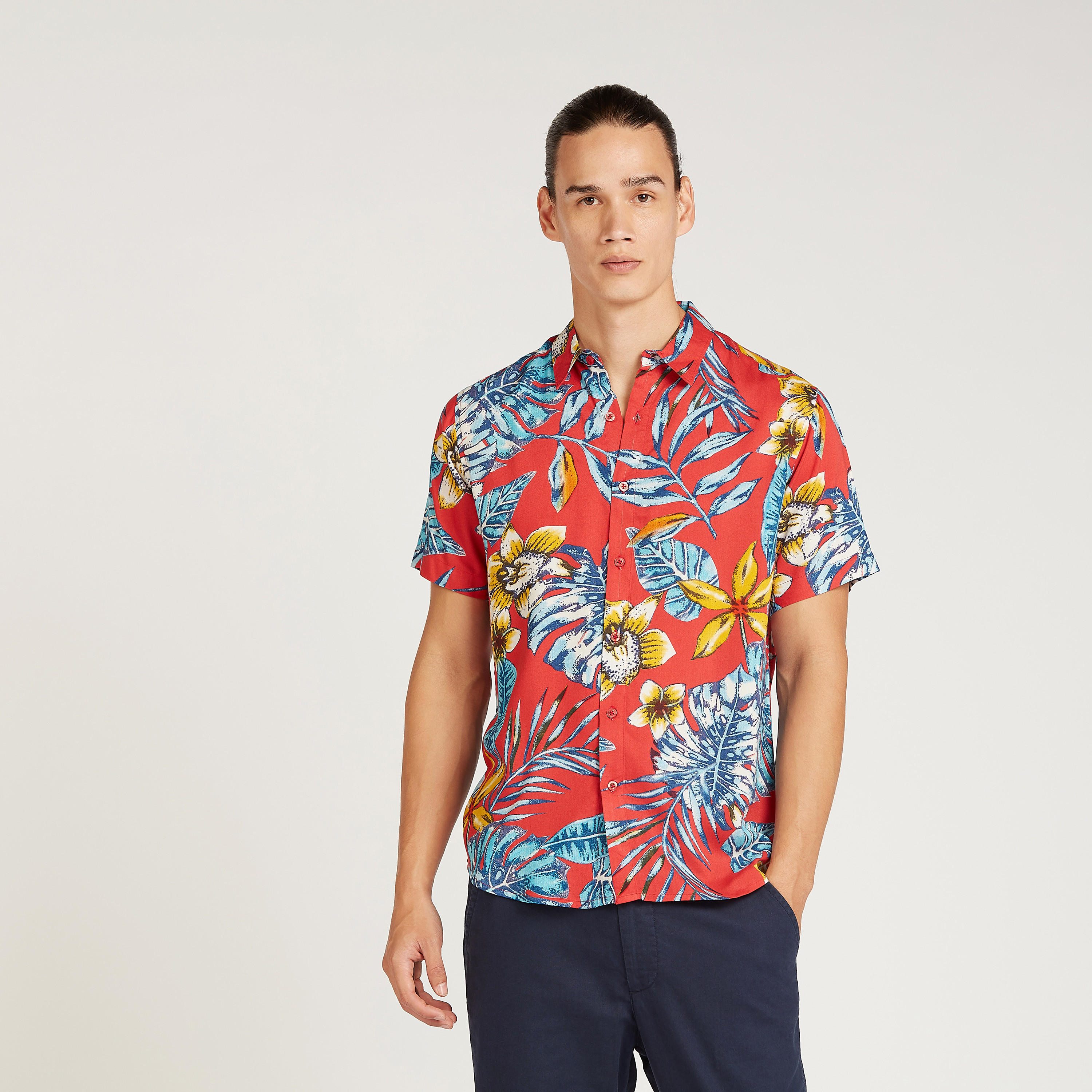 Printed Shirt with Short Sleeves and Spread Collar-men-clothing-shirts-image-1