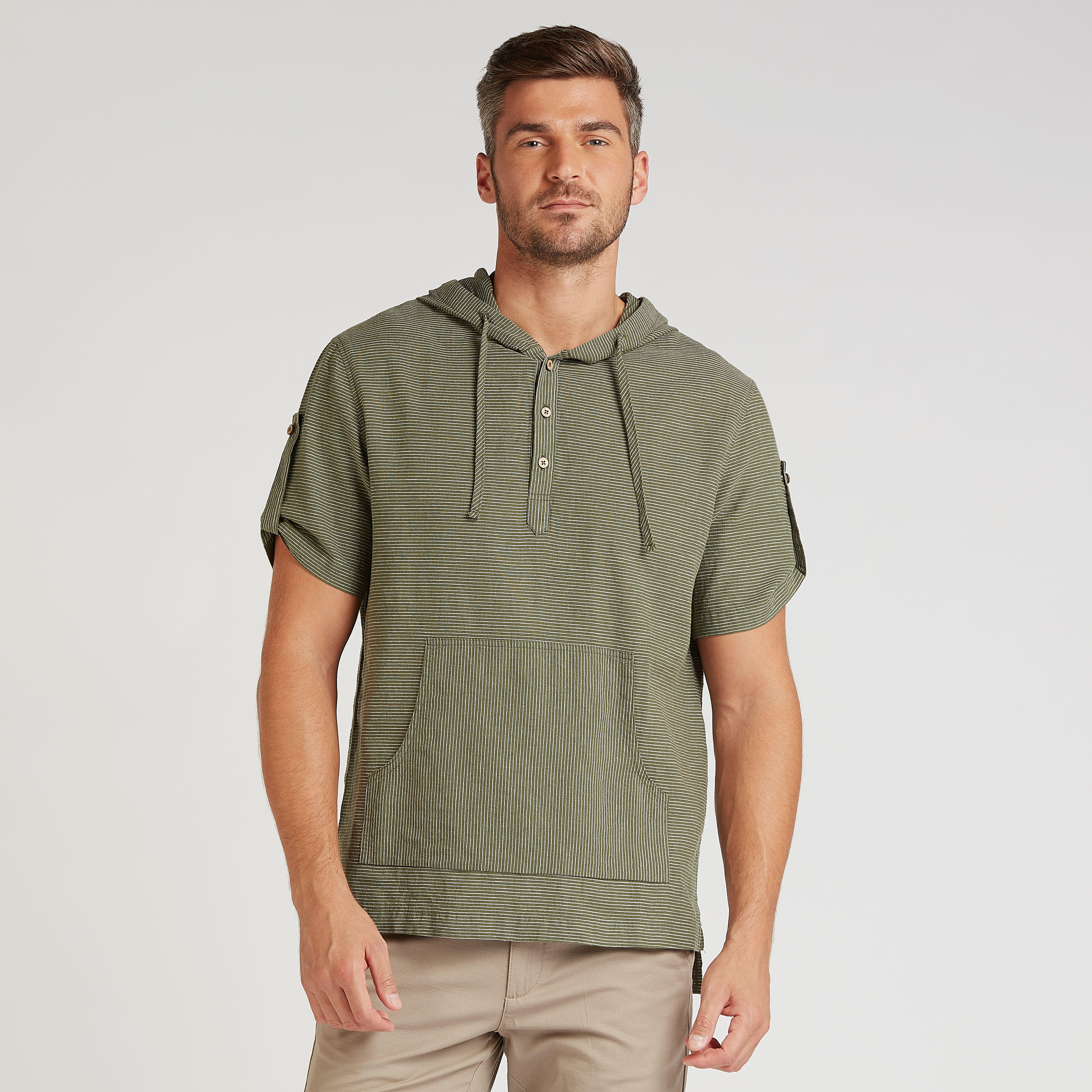تيشيرت كتّان مخطط بقبّعة وحوّاف غير مستوية-men-clothing-tshirtsandpolos-tshirts-image-1