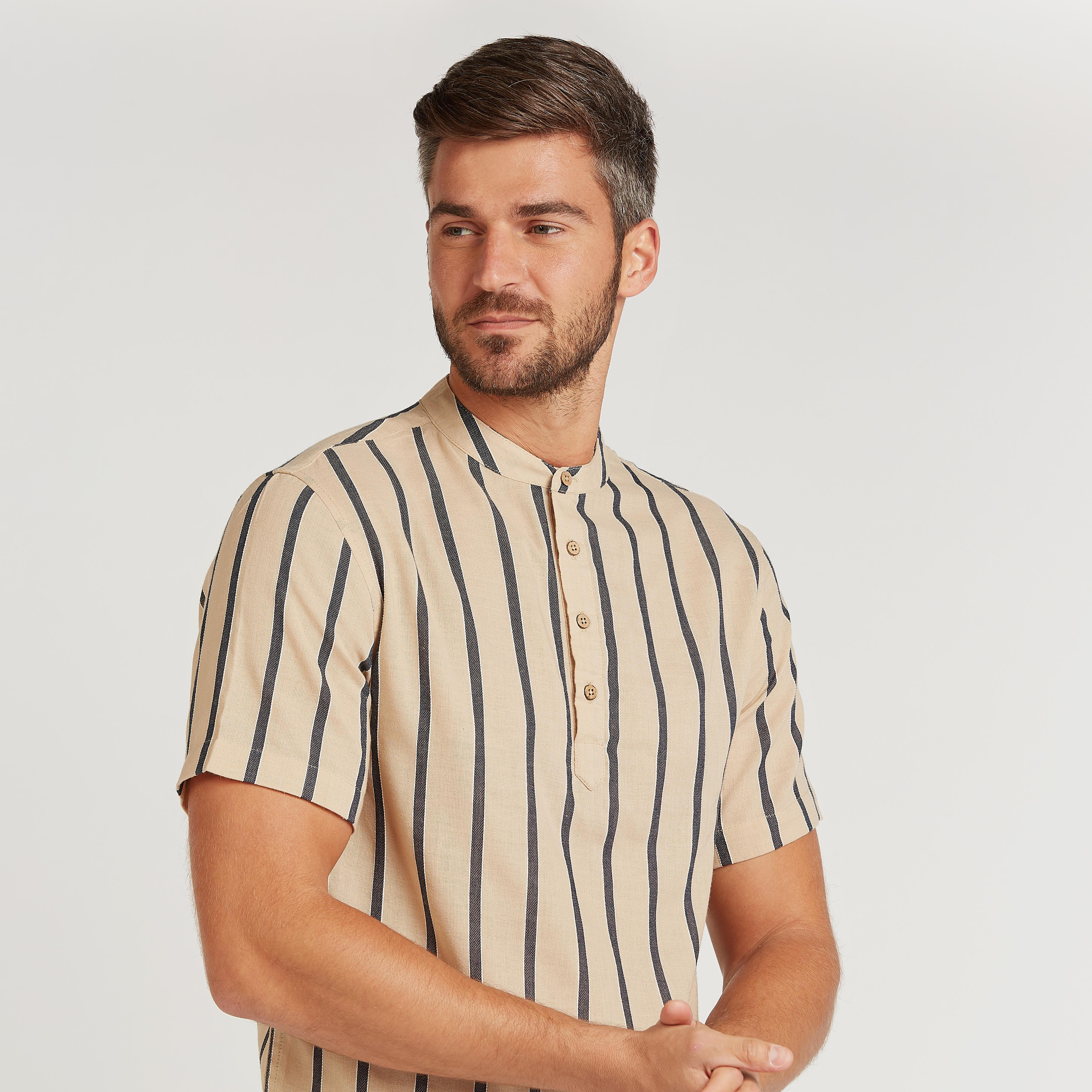 قميص كتّان مخطط بياقة ماندارين وأزرار-men-clothing-shirts-image-3