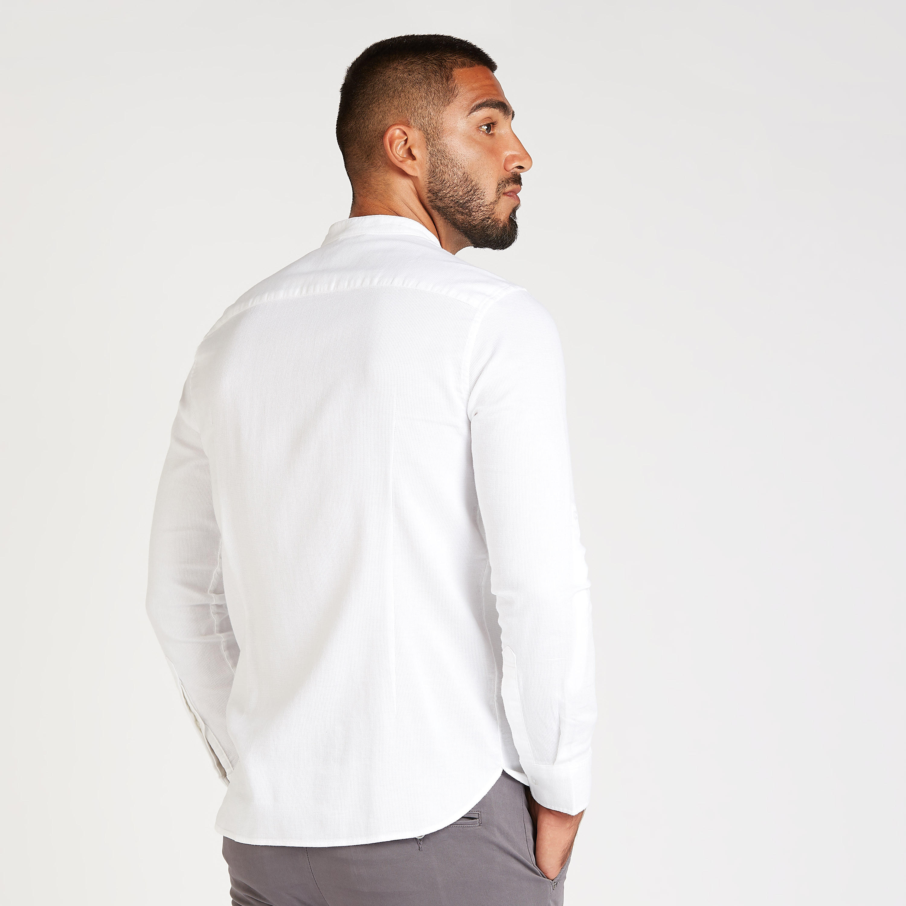قميص مستدام بارز الملمس بياقة ماندارين وأكمام طويلة-men-clothing-shirts-image-4