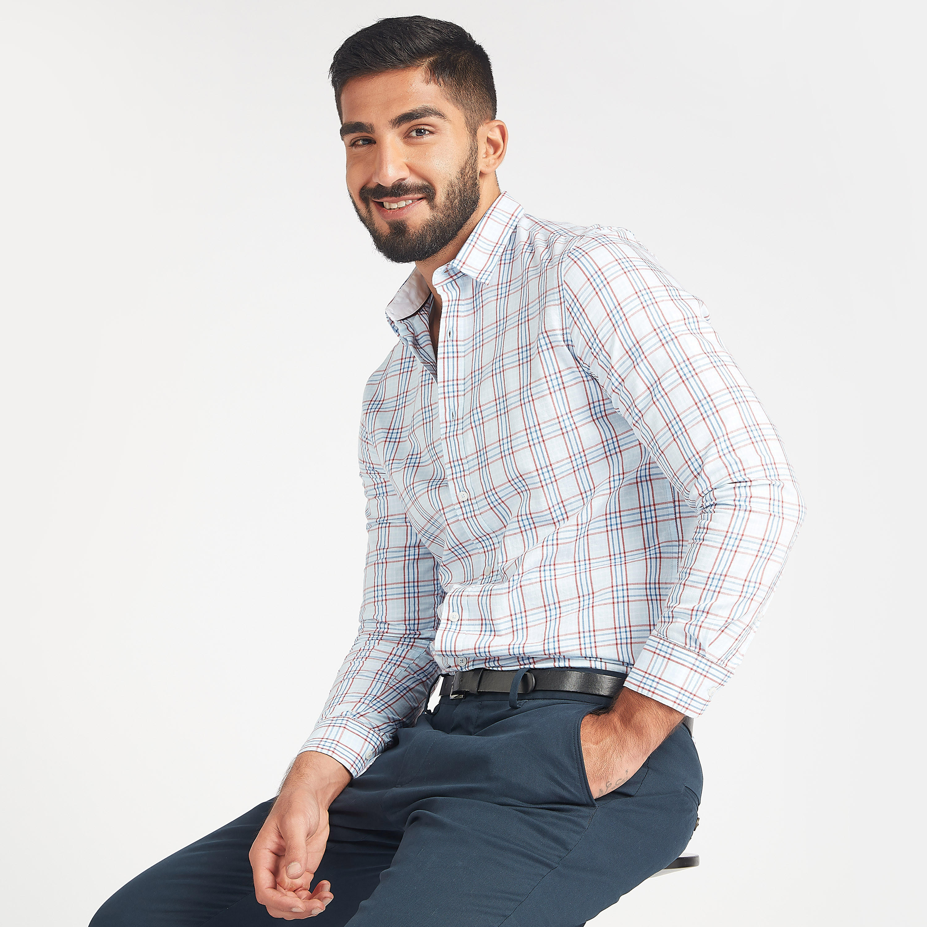 قميص مستدام كاروهات بياقة واسعة وأكمام طويلة-men-clothing-shirts-image-1