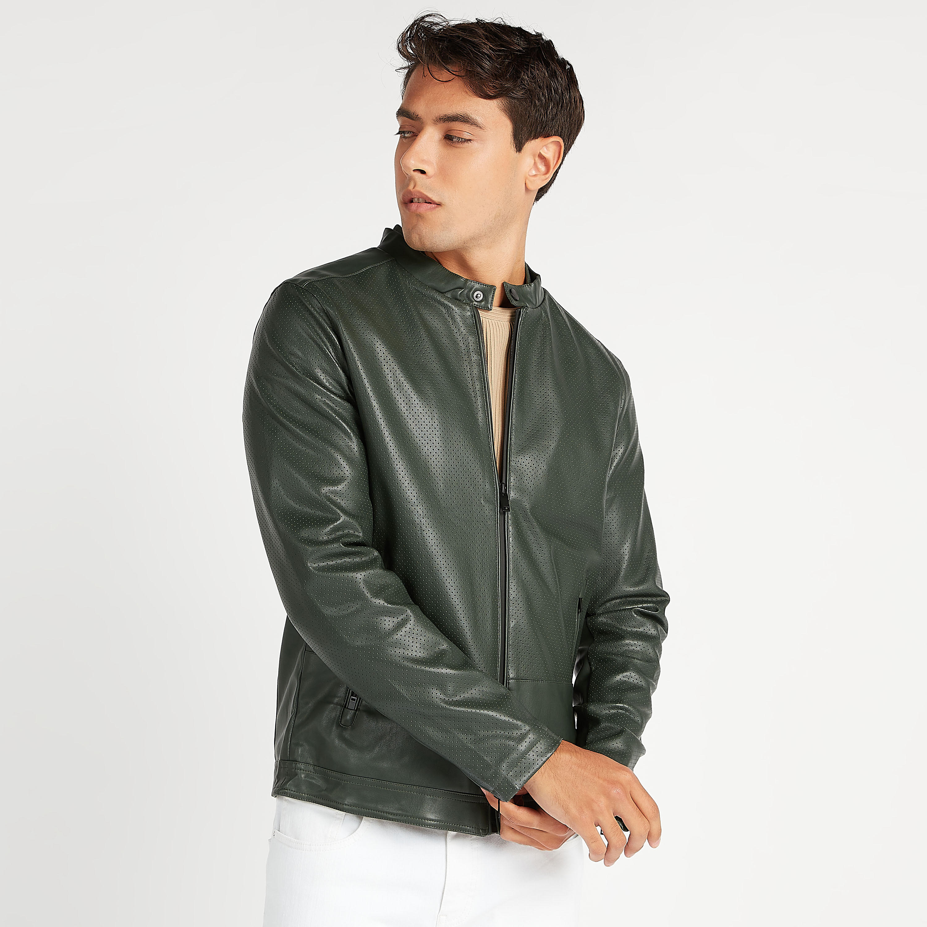 Textured Zip Through Biker Jacket with Long Sleeves and Pockets-men-clothing-jacketsandblazers-jackets-image-1
