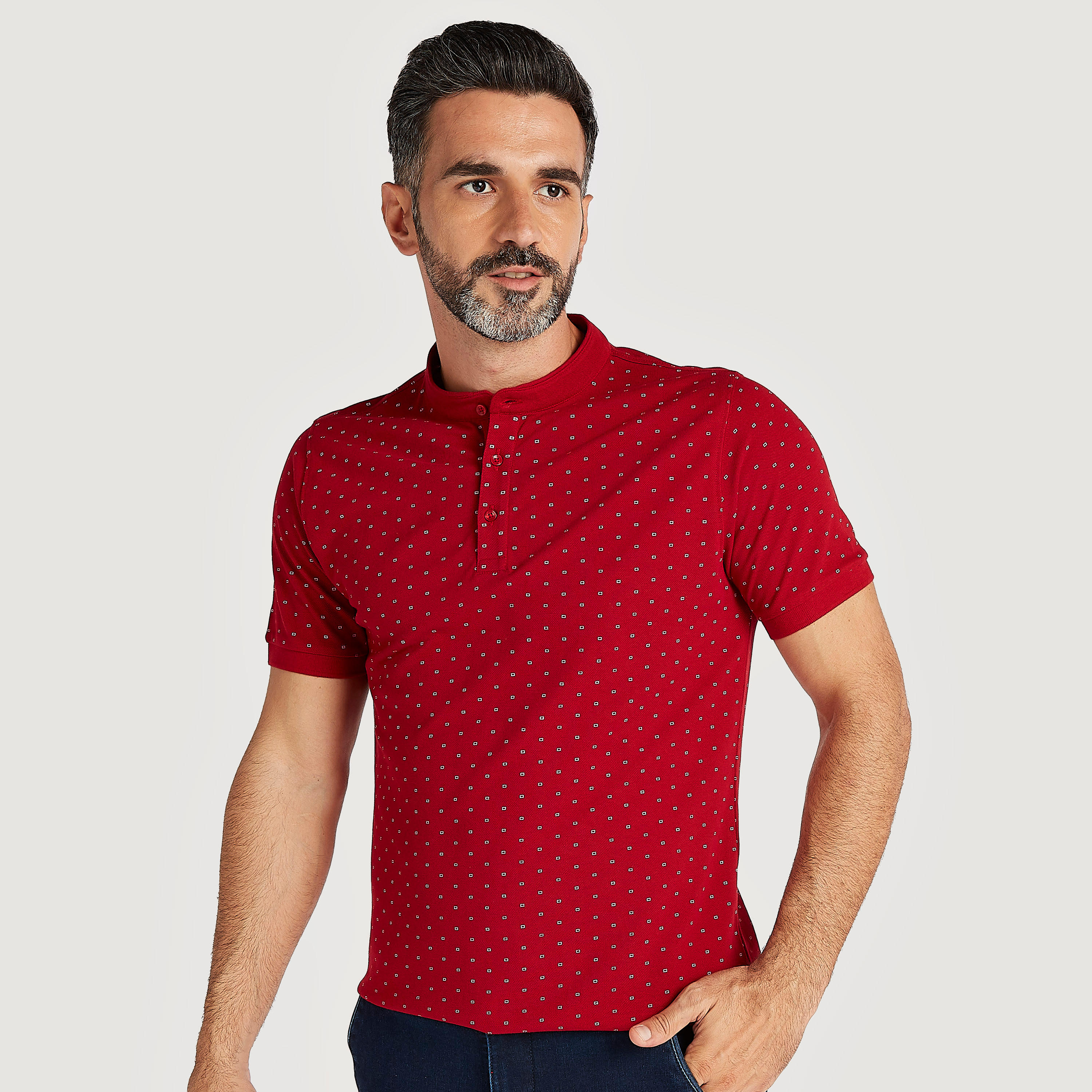 Printed Henley Neck T-shirt with Short Sleeves-men-clothing-tshirtsandpolos-polos-image-1