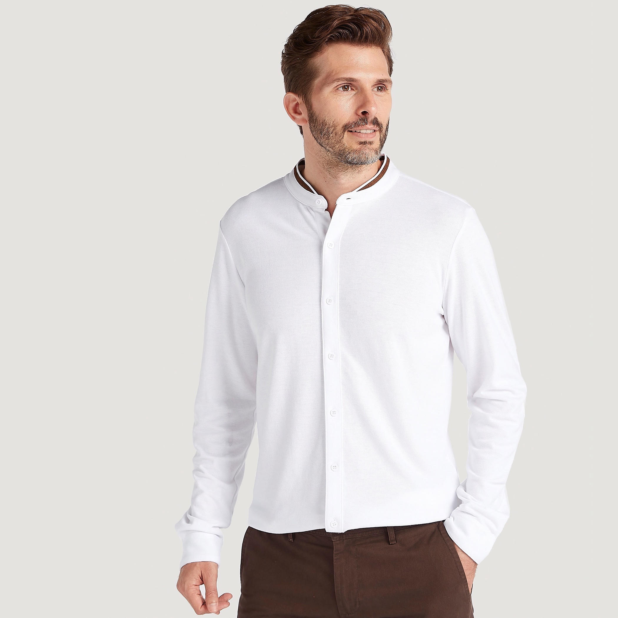 قميص سادة بقصّة سليم وياقة ماندارين وأكمام طويلة-men-clothing-shirts-image-1