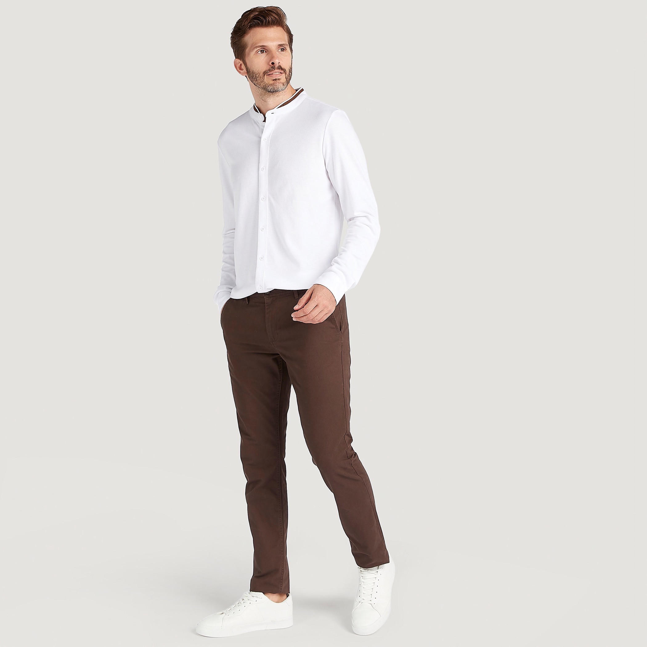 قميص سادة بقصّة سليم وياقة ماندارين وأكمام طويلة-men-clothing-shirts-image-2