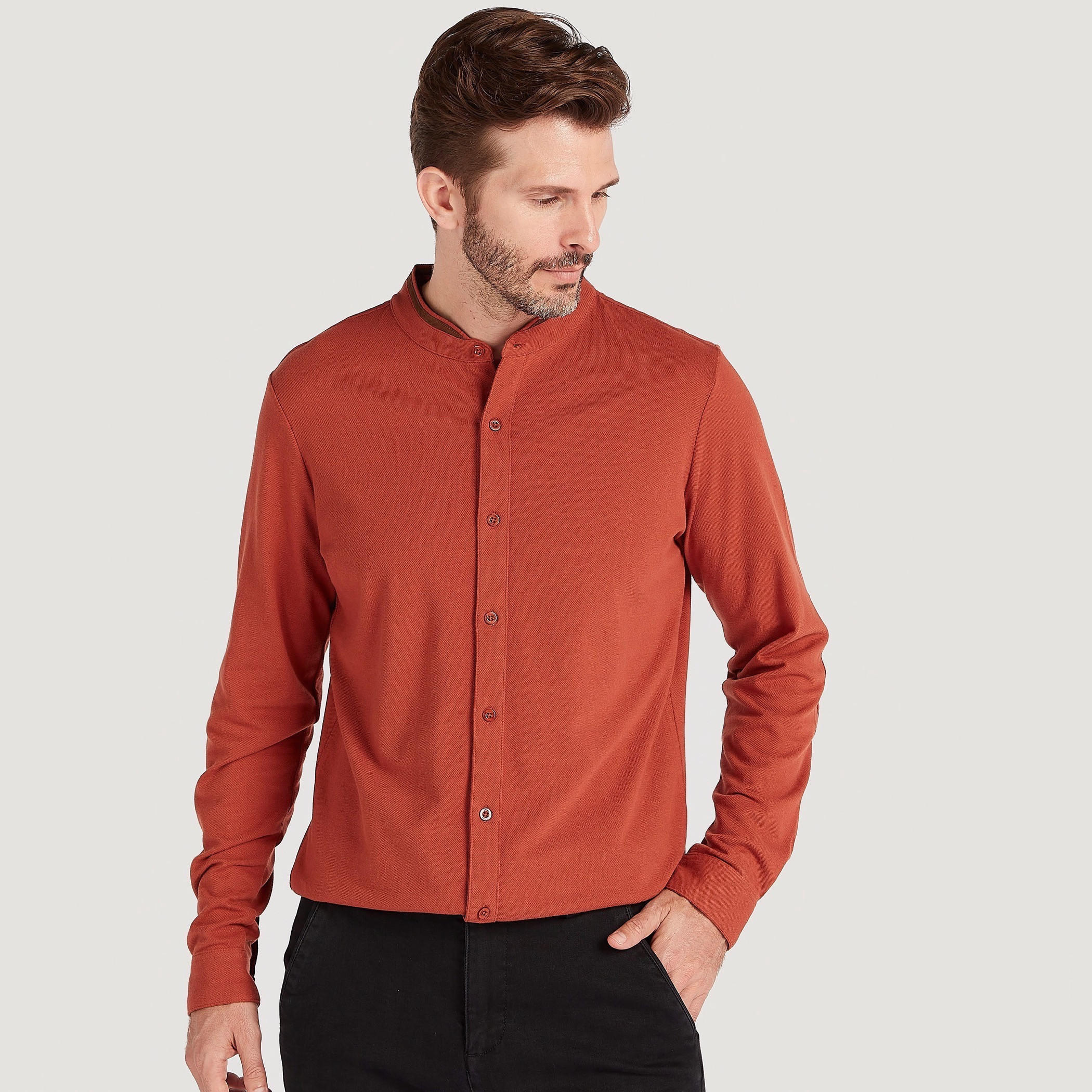 Solid Slim Fit Shirt with Mandarin Neck and Long Sleeves-men-clothing-shirts-image-1