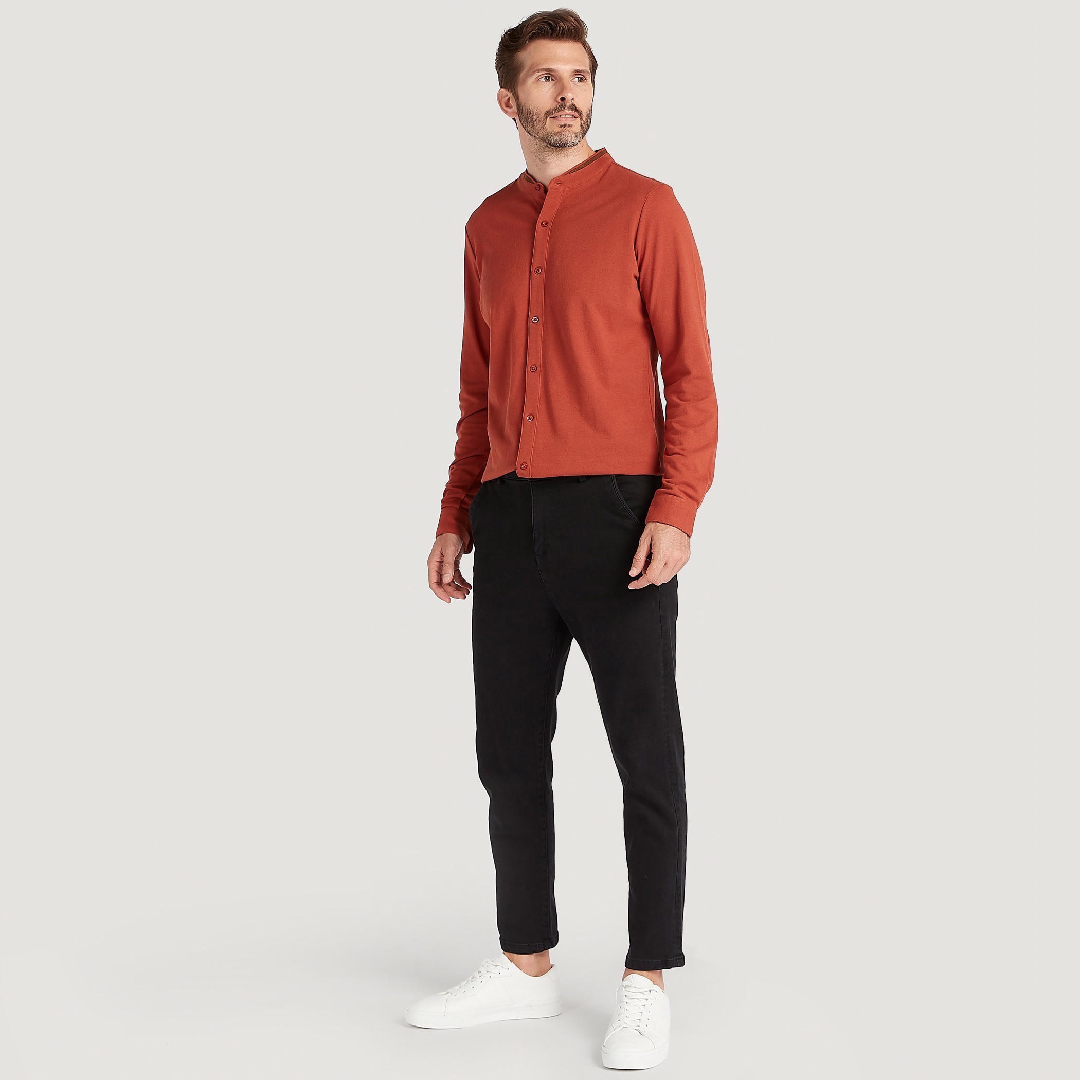 Solid Slim Fit Shirt with Mandarin Neck and Long Sleeves-men-clothing-shirts-image-2