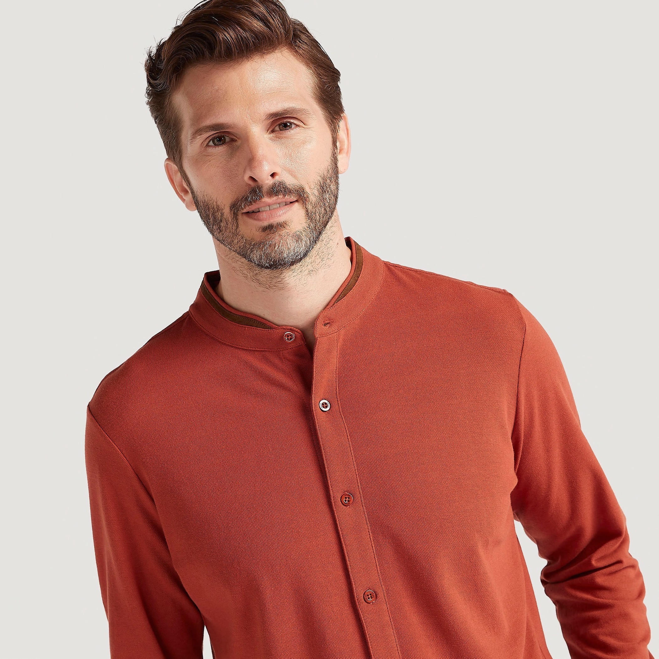 Solid Slim Fit Shirt with Mandarin Neck and Long Sleeves-men-clothing-shirts-image-3