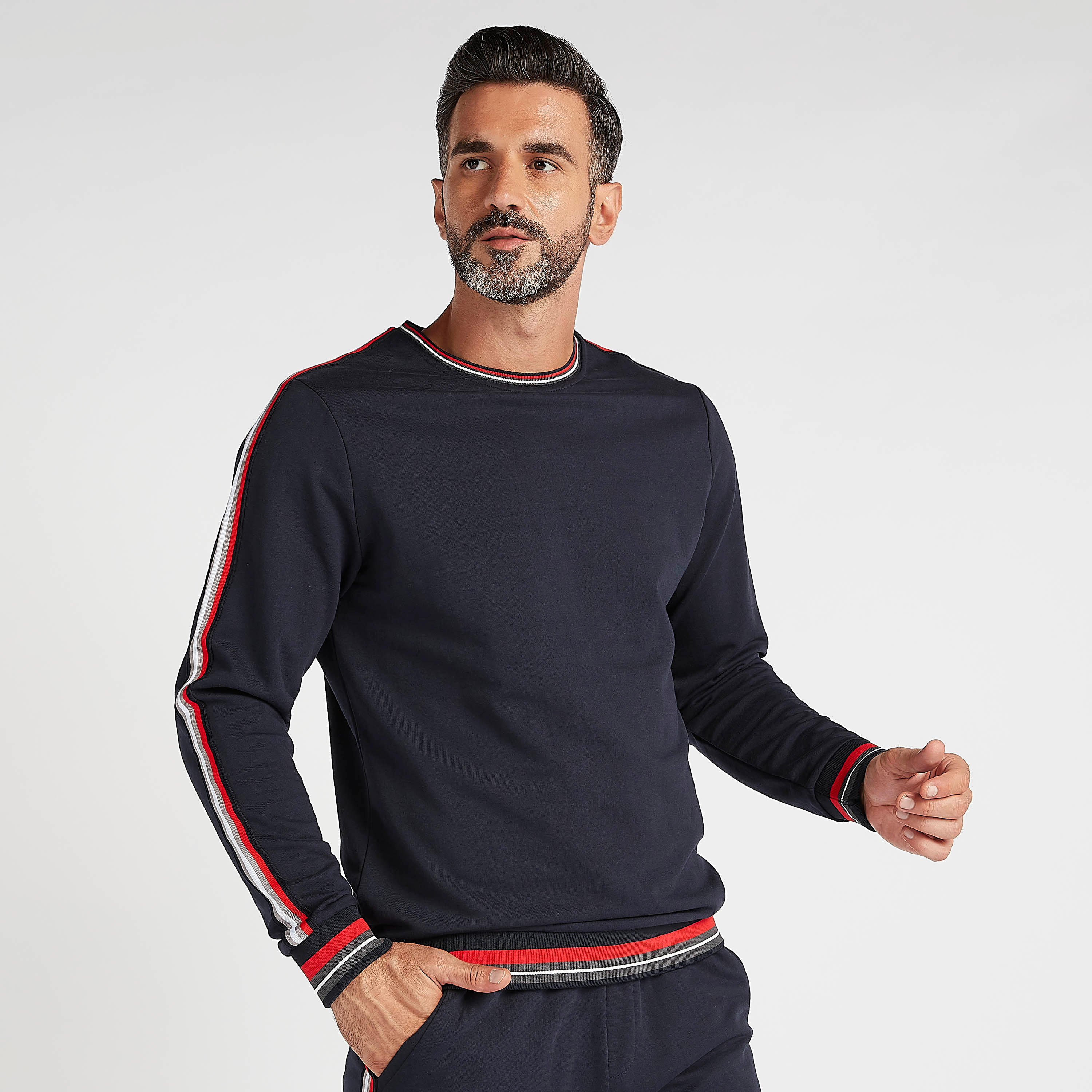 Solid Sweatshirt with Stripe Detail and Crew Neck-men-winterwear-hoodiesandsweatshirts-image-1