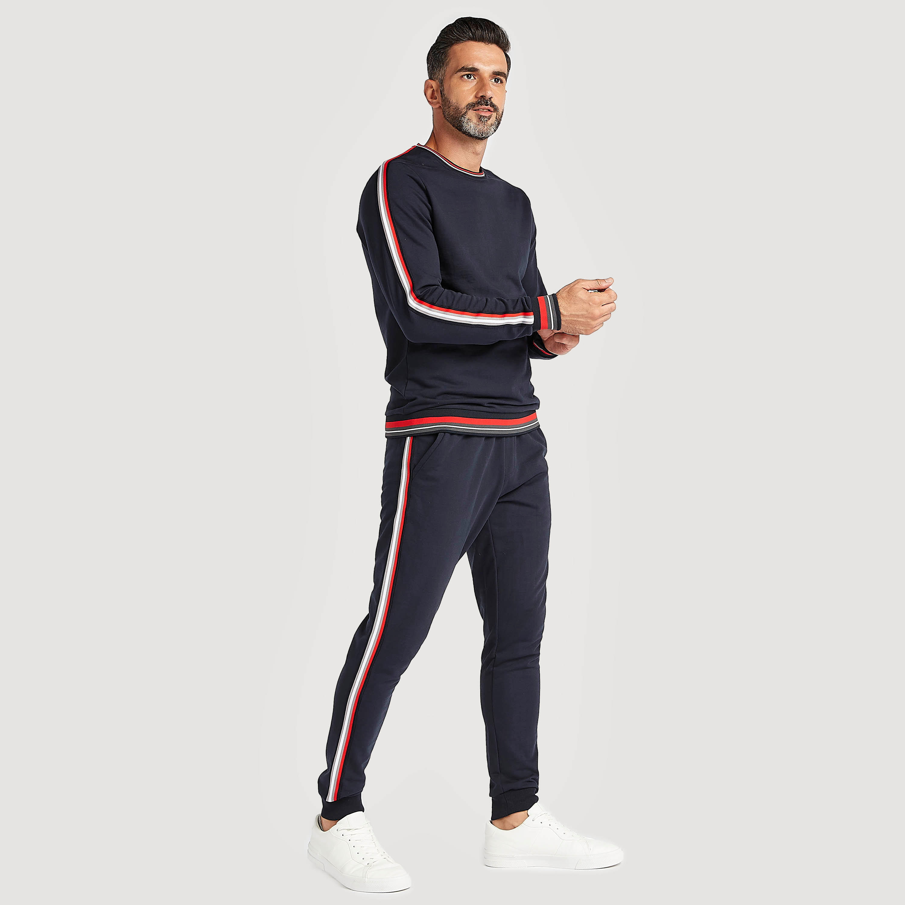 Solid Sweatshirt with Stripe Detail and Crew Neck-men-winterwear-hoodiesandsweatshirts-image-2